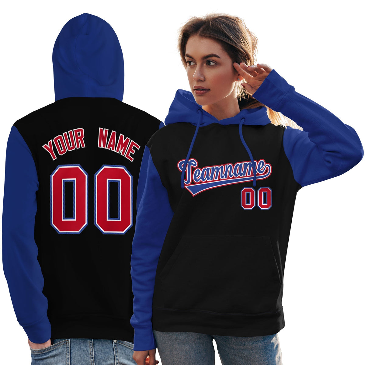 Custom Black Royal-Red Raglan Sleeves Pullover Personalized Team Sweatshirt Hoodie| KXKSHOP