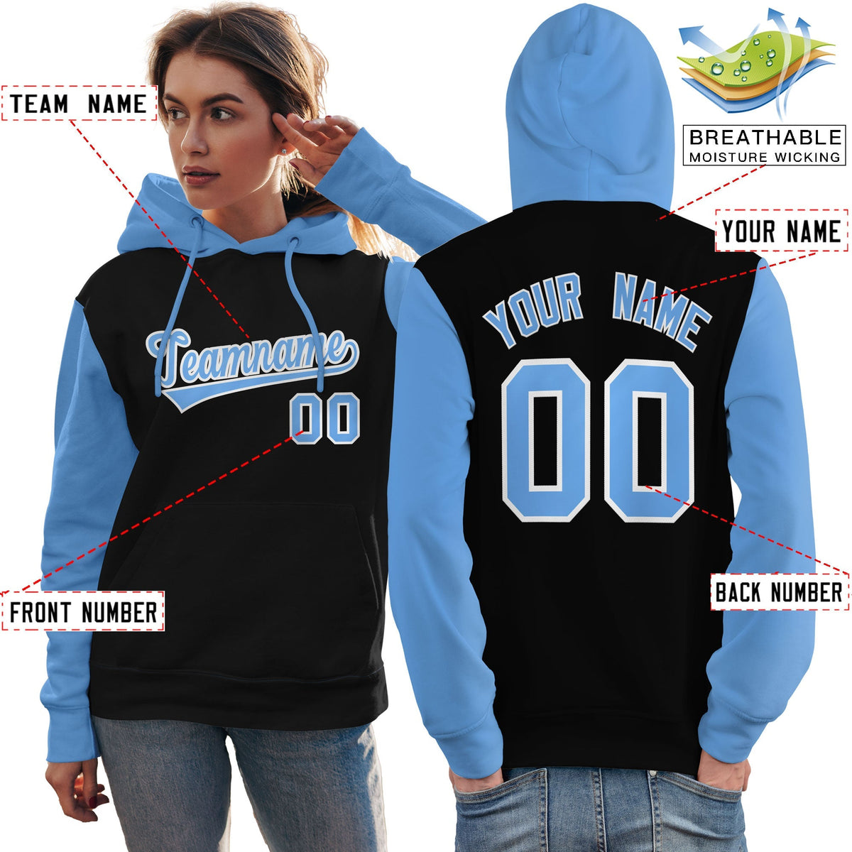 Custom Black Light Blue-White Raglan Sleeves Pullover Personalized Team Sweatshirt Hoodie| KXKSHOP