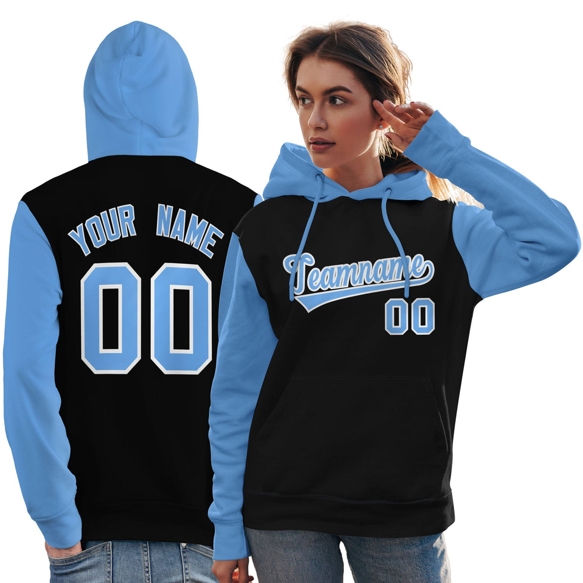 Custom Black Light Blue-White Raglan Sleeves Pullover Personalized Team Sweatshirt Hoodie| KXKSHOP