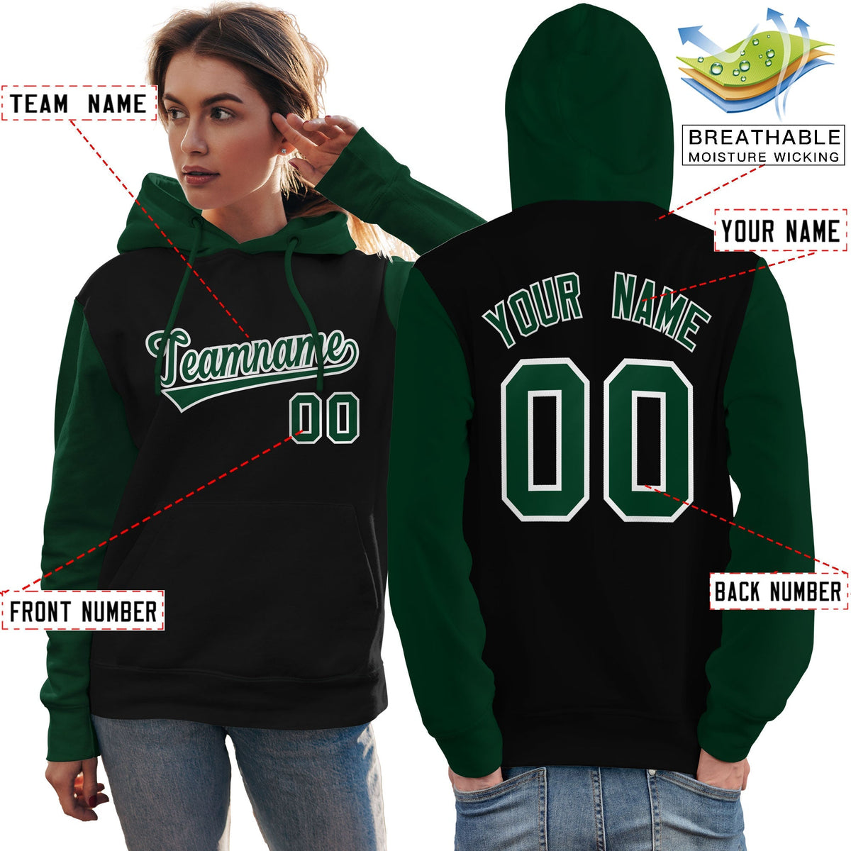 Custom Black Green-White Raglan Sleeves Pullover Personalized Team Sweatshirt Hoodie| KXKSHOP