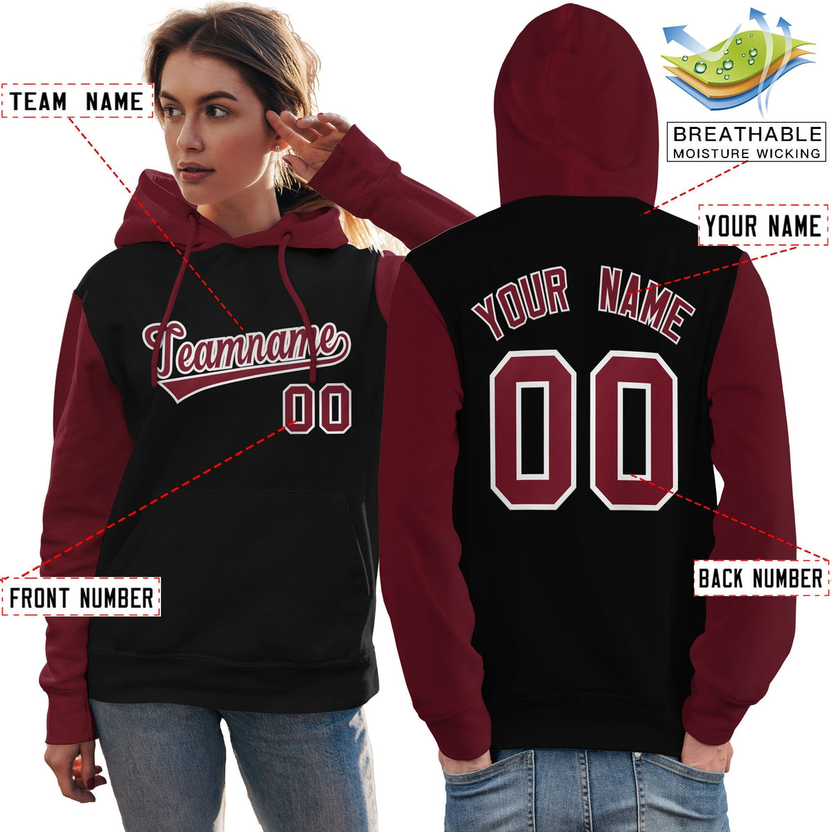 Custom Black Crimson-White Raglan Sleeves Pullover Personalized Team Sweatshirt Hoodie| KXKSHOP
