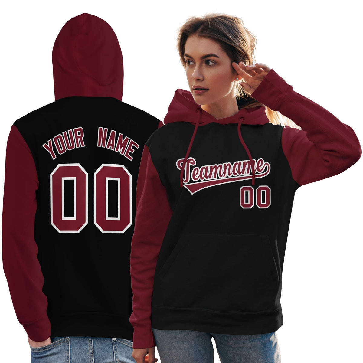 Custom Black Crimson-White Raglan Sleeves Pullover Personalized Team Sweatshirt Hoodie| KXKSHOP