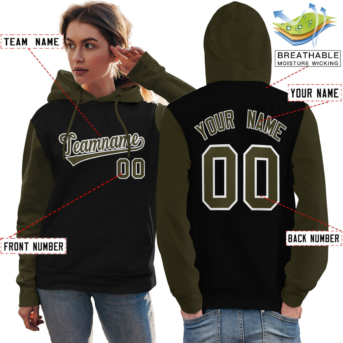 Custom Black Olive-White Raglan Sleeves Pullover Personalized Team Sweatshirt Hoodie| KXKSHOP