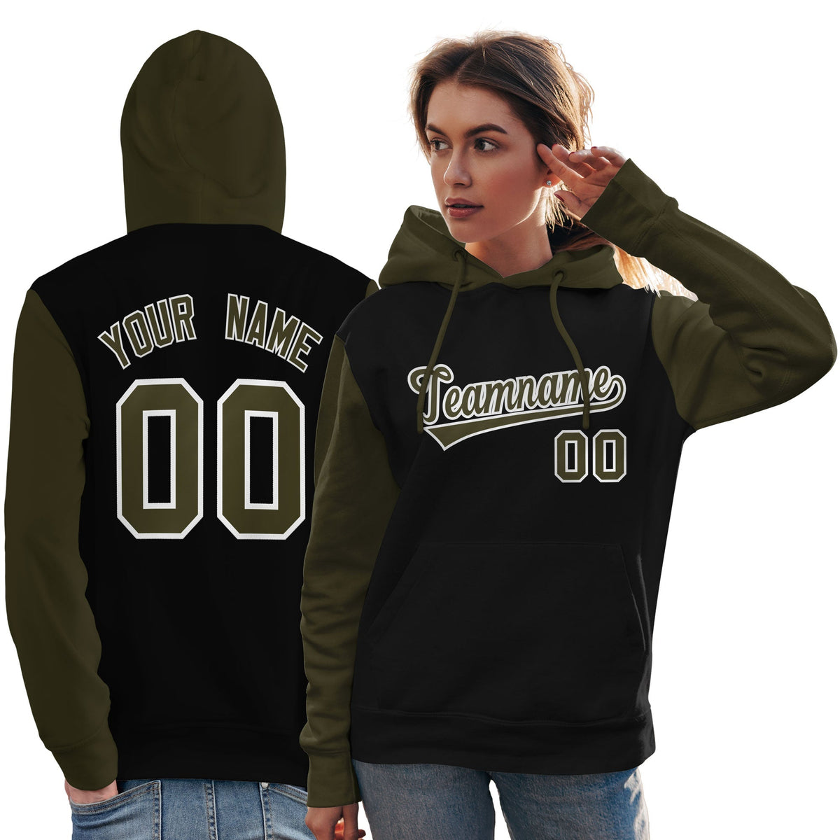 Custom Black Olive-White Raglan Sleeves Pullover Personalized Team Sweatshirt Hoodie| KXKSHOP