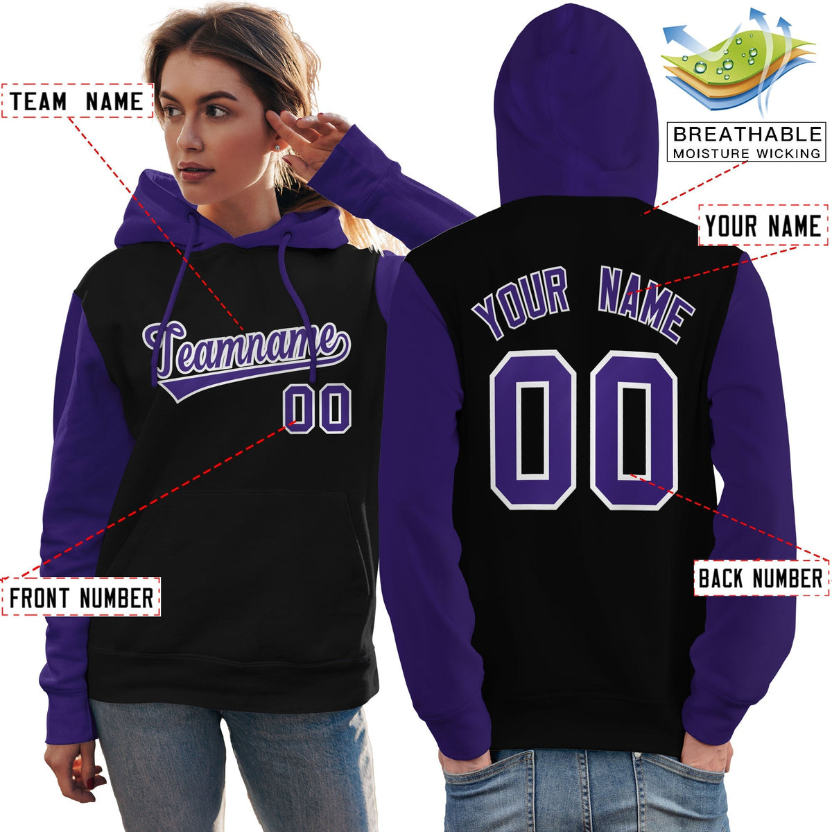 Custom Black Purple-White Raglan Sleeves Pullover Personalized Team Sweatshirt Hoodie| KXKSHOP