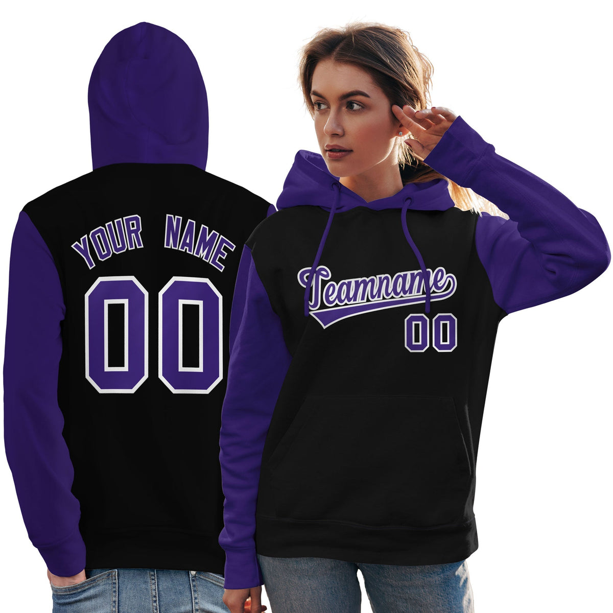 Custom Black Purple-White Raglan Sleeves Pullover Personalized Team Sweatshirt Hoodie| KXKSHOP