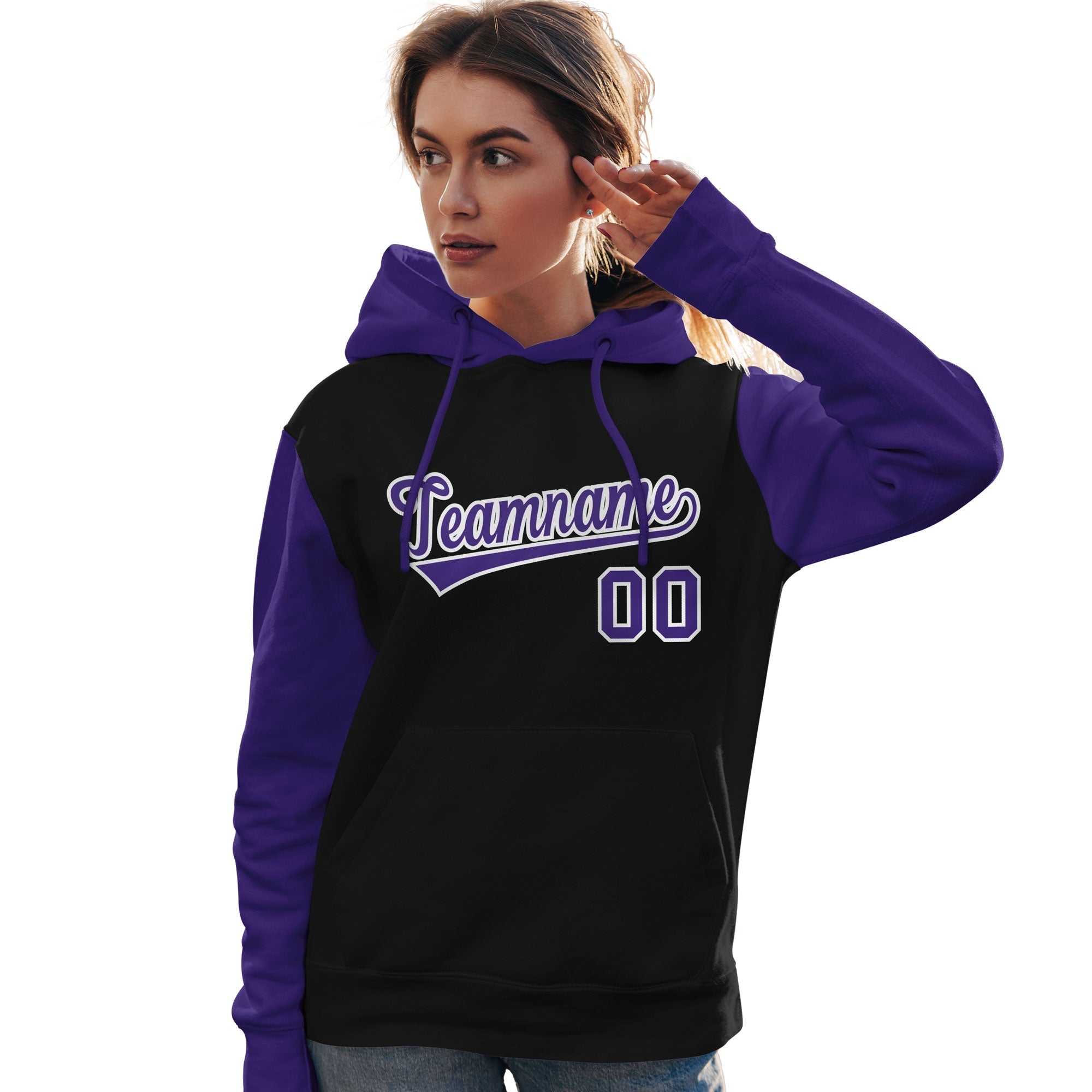 Custom Black Purple-White Raglan Sleeves Pullover Personalized Team Sweatshirt Hoodie| KXKSHOP