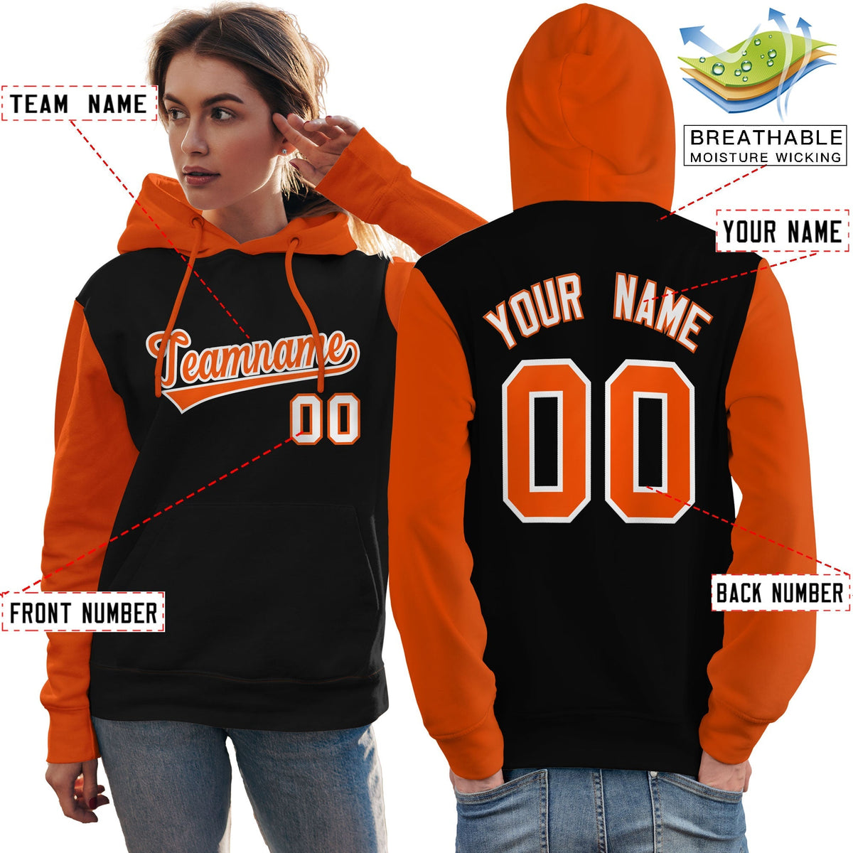Custom Black Orange-White Raglan Sleeves Pullover Personalized Team Sweatshirt Hoodie| KXKSHOP