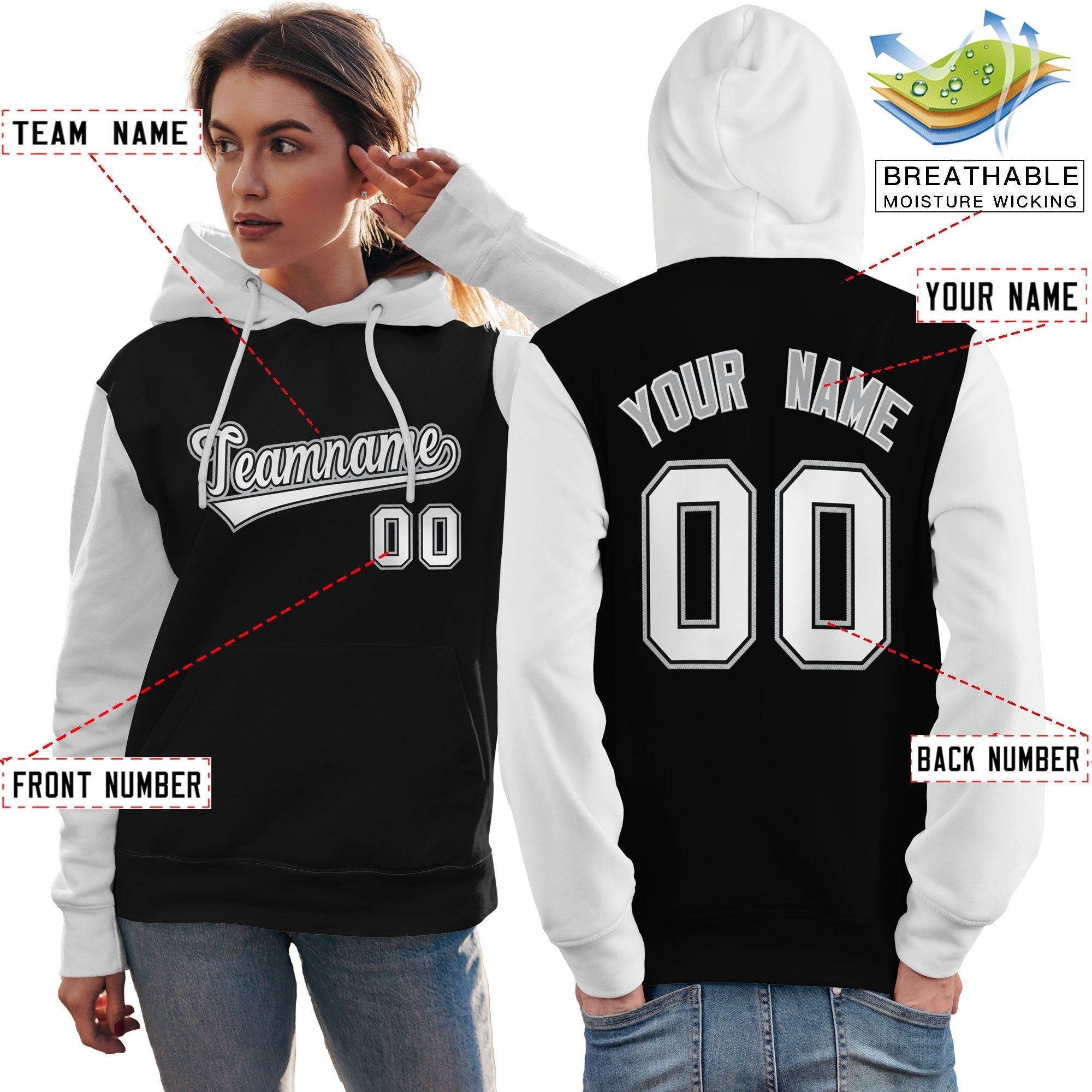 Custom Black White-Gray Raglan Sleeves Pullover Personalized Team Sweatshirt Hoodie| KXKSHOP