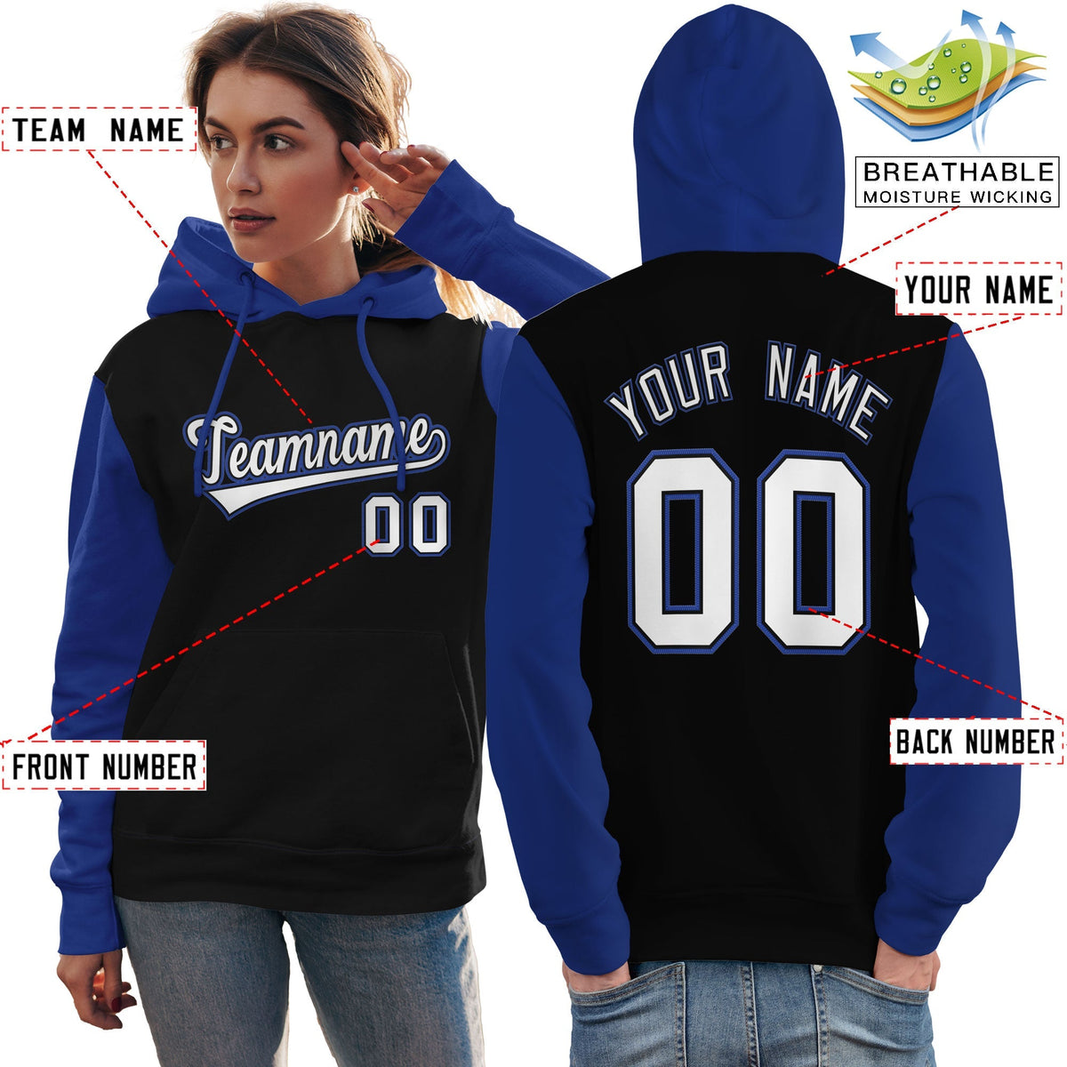 Custom Black White-Royal Raglan Sleeves Pullover Personalized Team Sweatshirt Hoodie| KXKSHOP