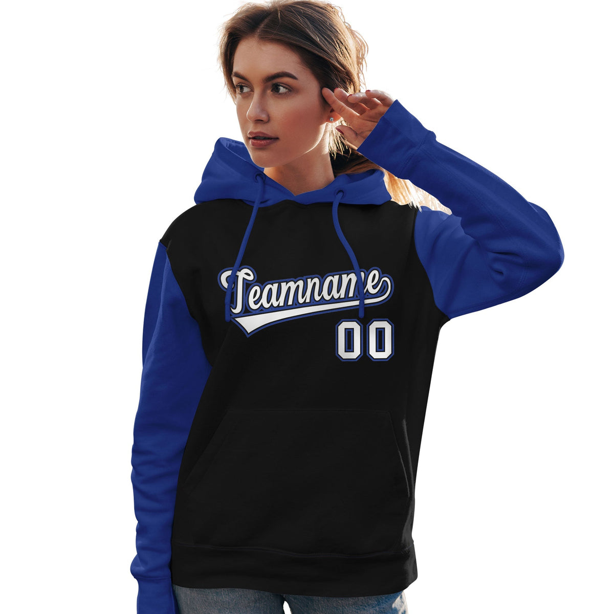 Custom Black White-Royal Raglan Sleeves Pullover Personalized Team Sweatshirt Hoodie| KXKSHOP