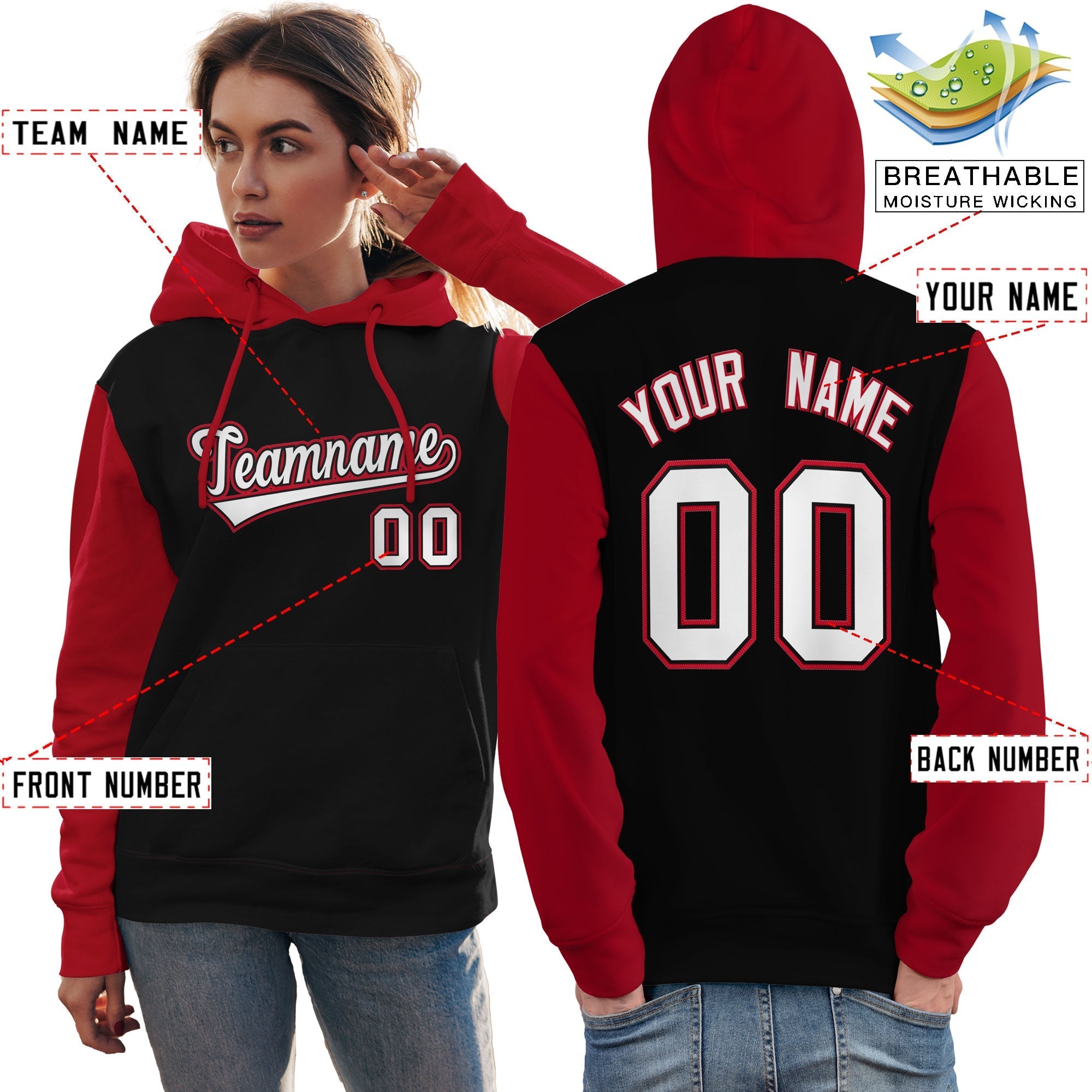 Custom Black White-Red Raglan Sleeves Pullover Personalized Team Sweatshirt Hoodie| KXKSHOP
