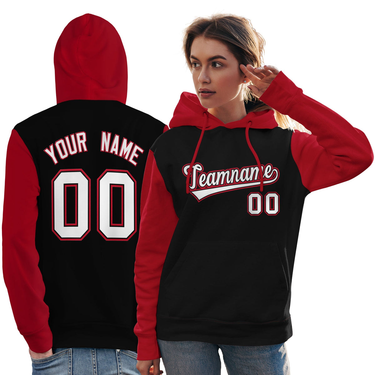 Custom Black White-Red Raglan Sleeves Pullover Personalized Team Sweatshirt Hoodie| KXKSHOP