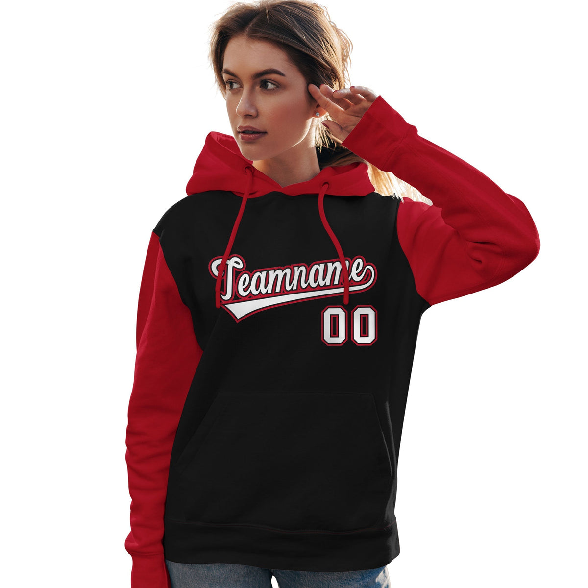 Custom Black White-Red Raglan Sleeves Pullover Personalized Team Sweatshirt Hoodie| KXKSHOP