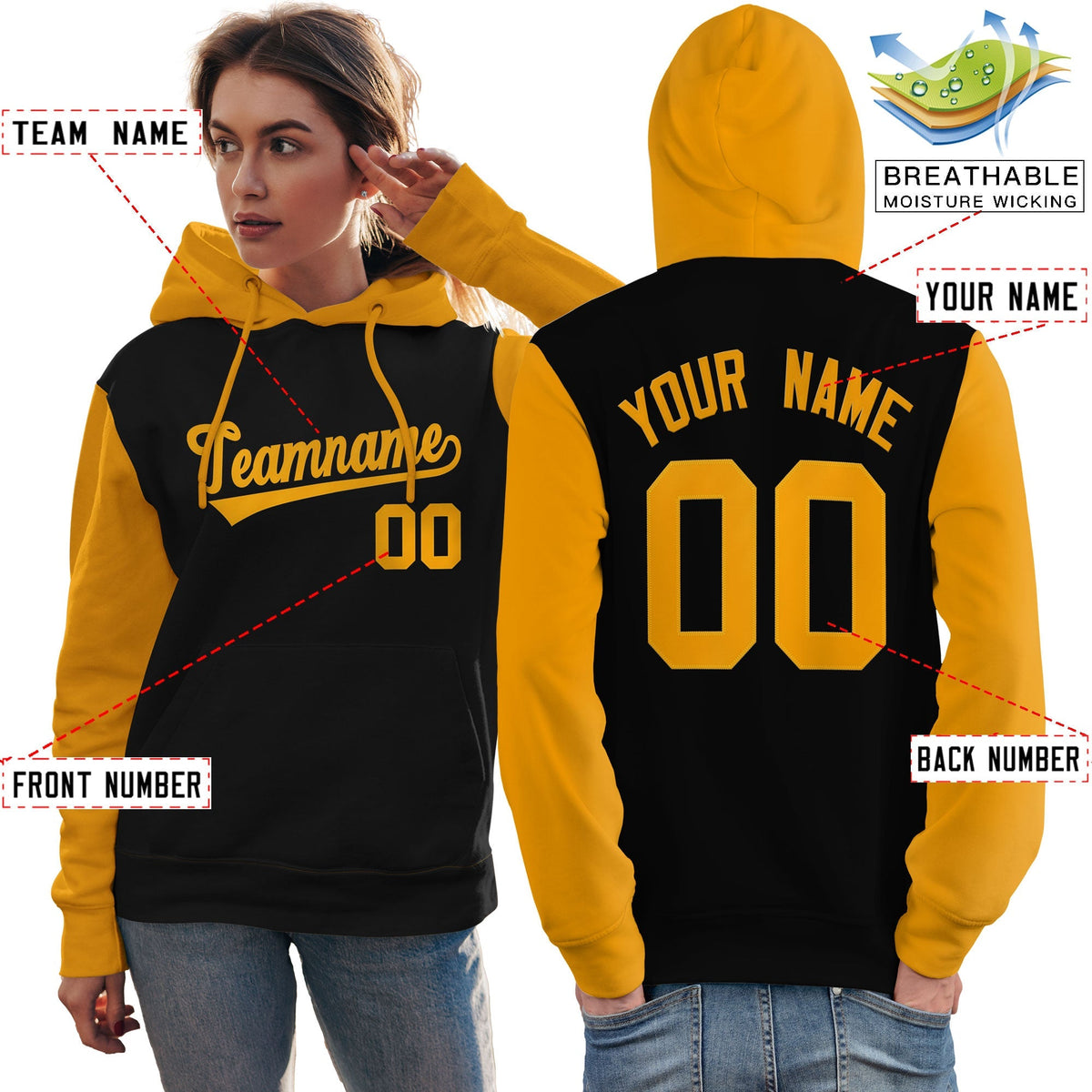 Custom Black Gold Raglan Sleeves Pullover Personalized Team Sweatshirt Hoodie| KXKSHOP