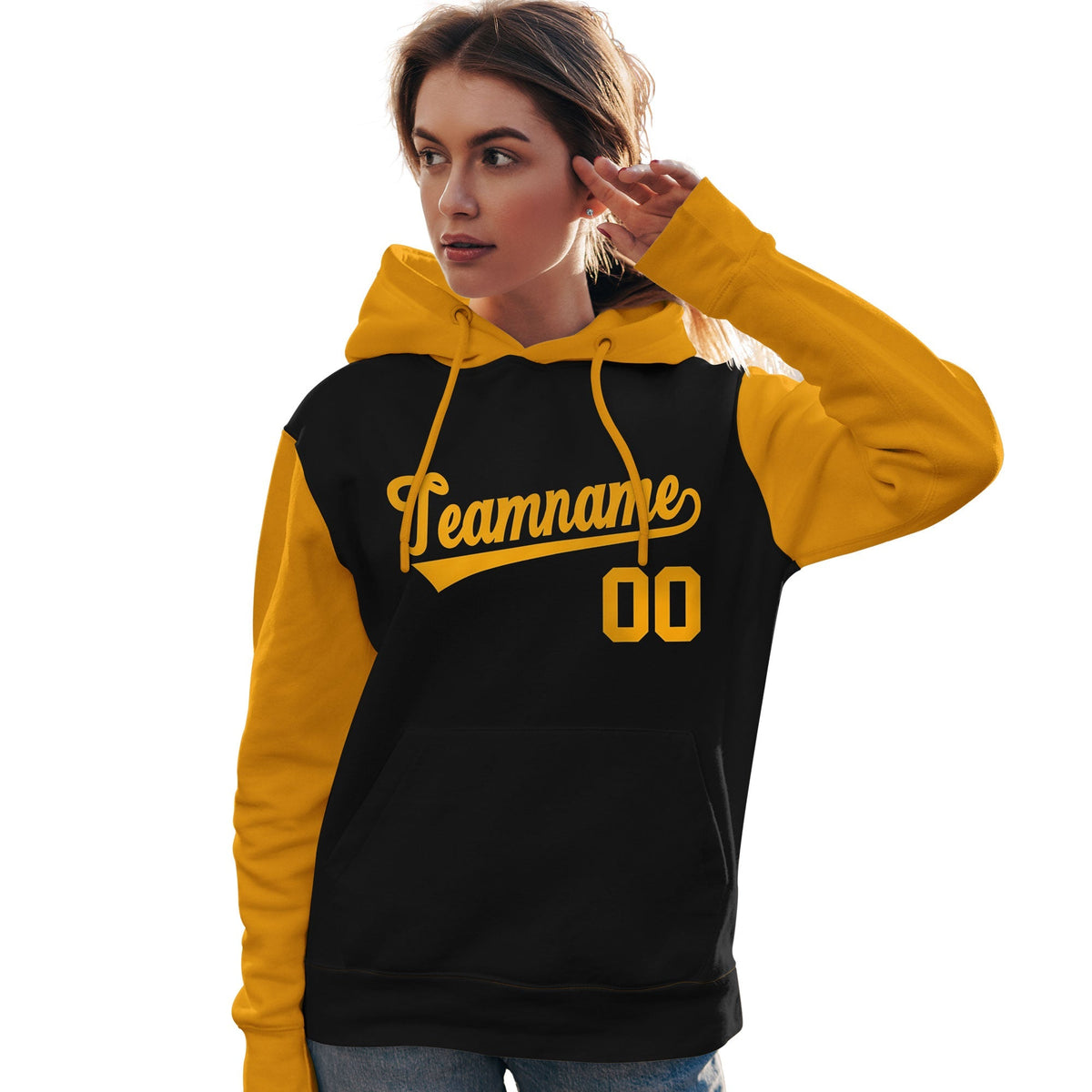 Custom Black Gold Raglan Sleeves Pullover Personalized Team Sweatshirt Hoodie| KXKSHOP