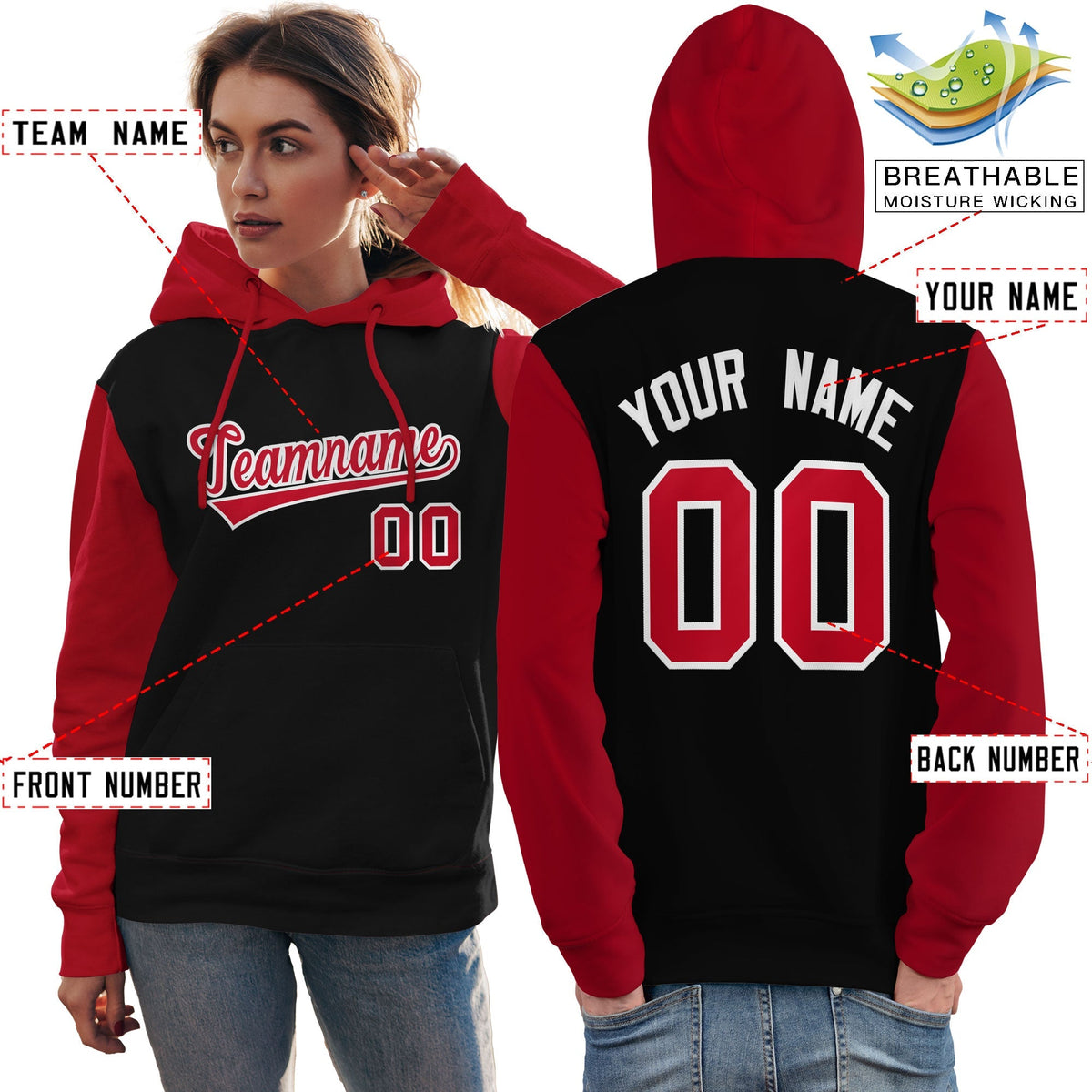 Custom Black Red-White Raglan Sleeves Pullover Personalized Team Sweatshirt Hoodie| KXKSHOP