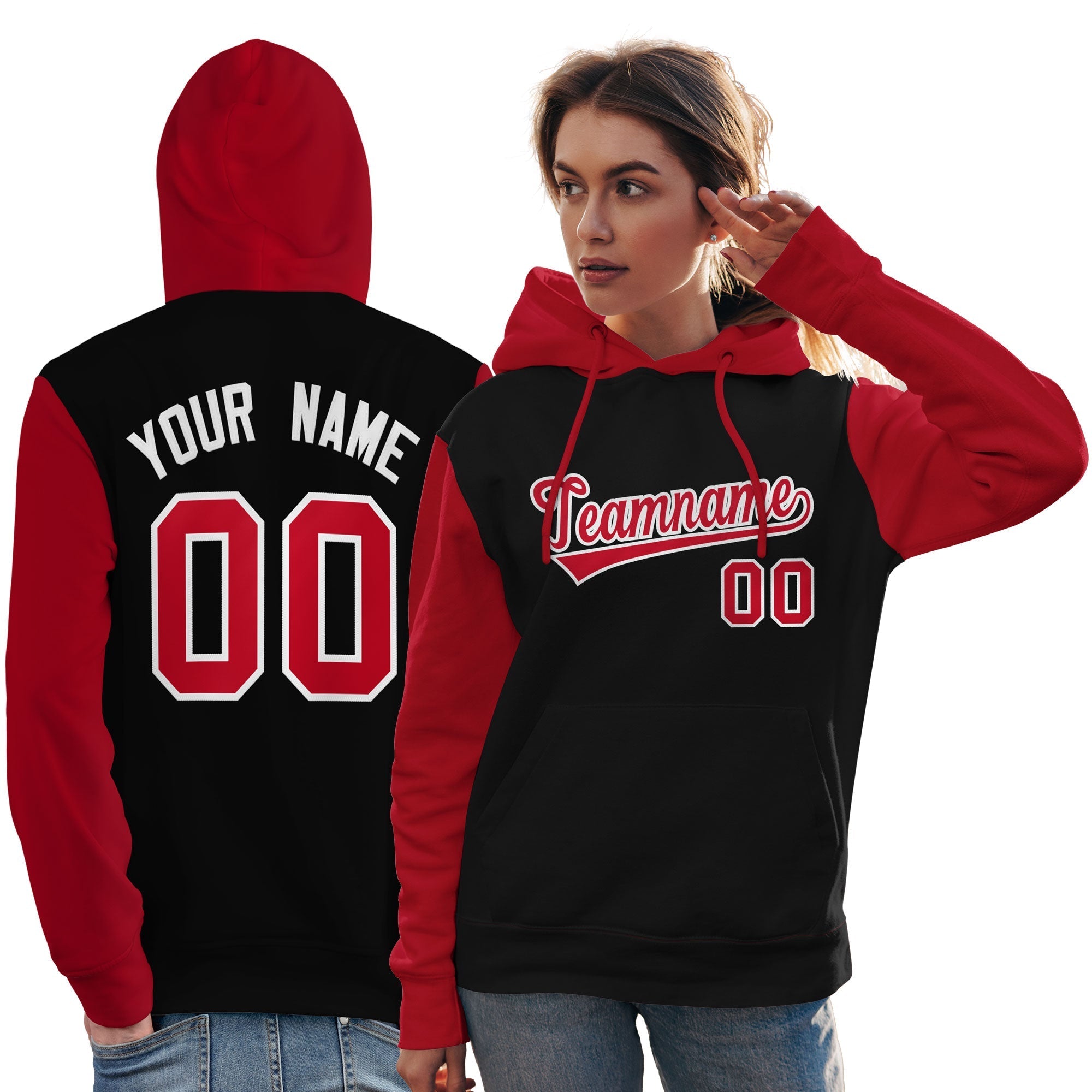 Custom Black Red-White Raglan Sleeves Pullover Personalized Team Sweatshirt Hoodie| KXKSHOP