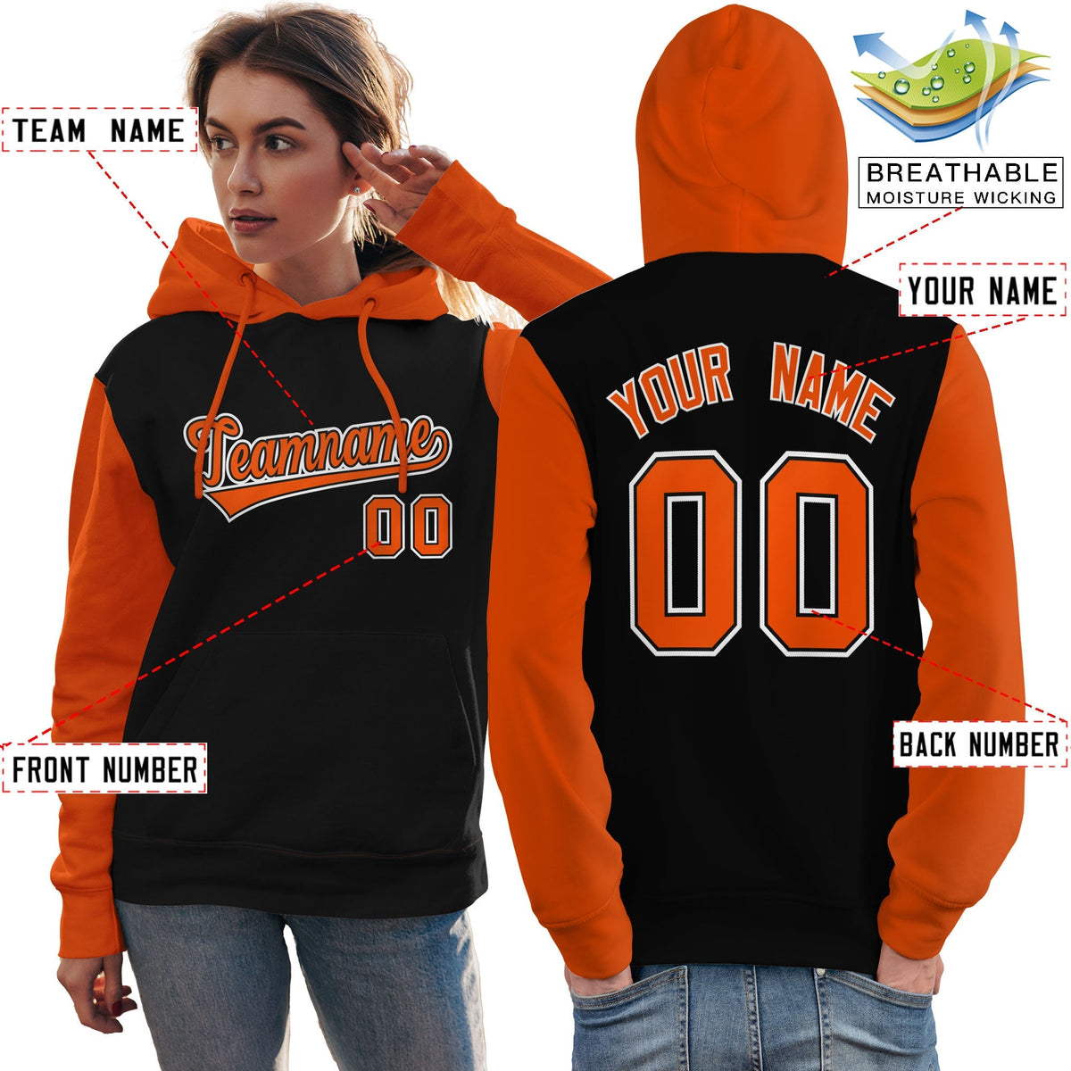 Custom Black Orange-White Raglan Sleeves Pullover Personalized Team Sweatshirt Hoodie| KXKSHOP
