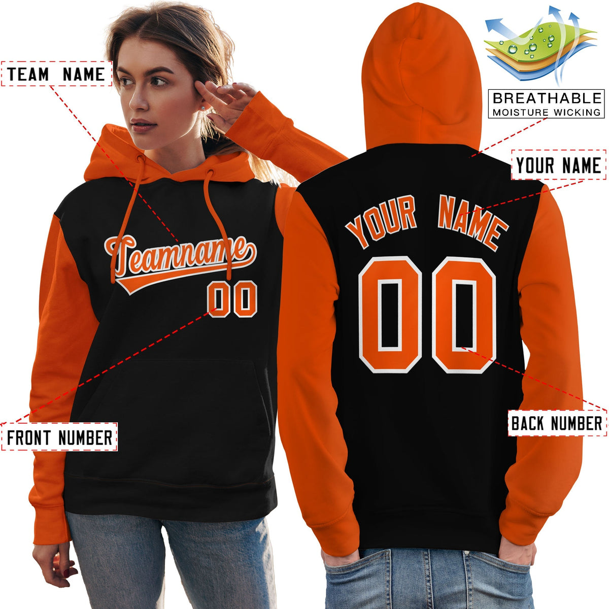 Custom Black Orange-White Raglan Sleeves Pullover Personalized Team Sweatshirt Hoodie| KXKSHOP