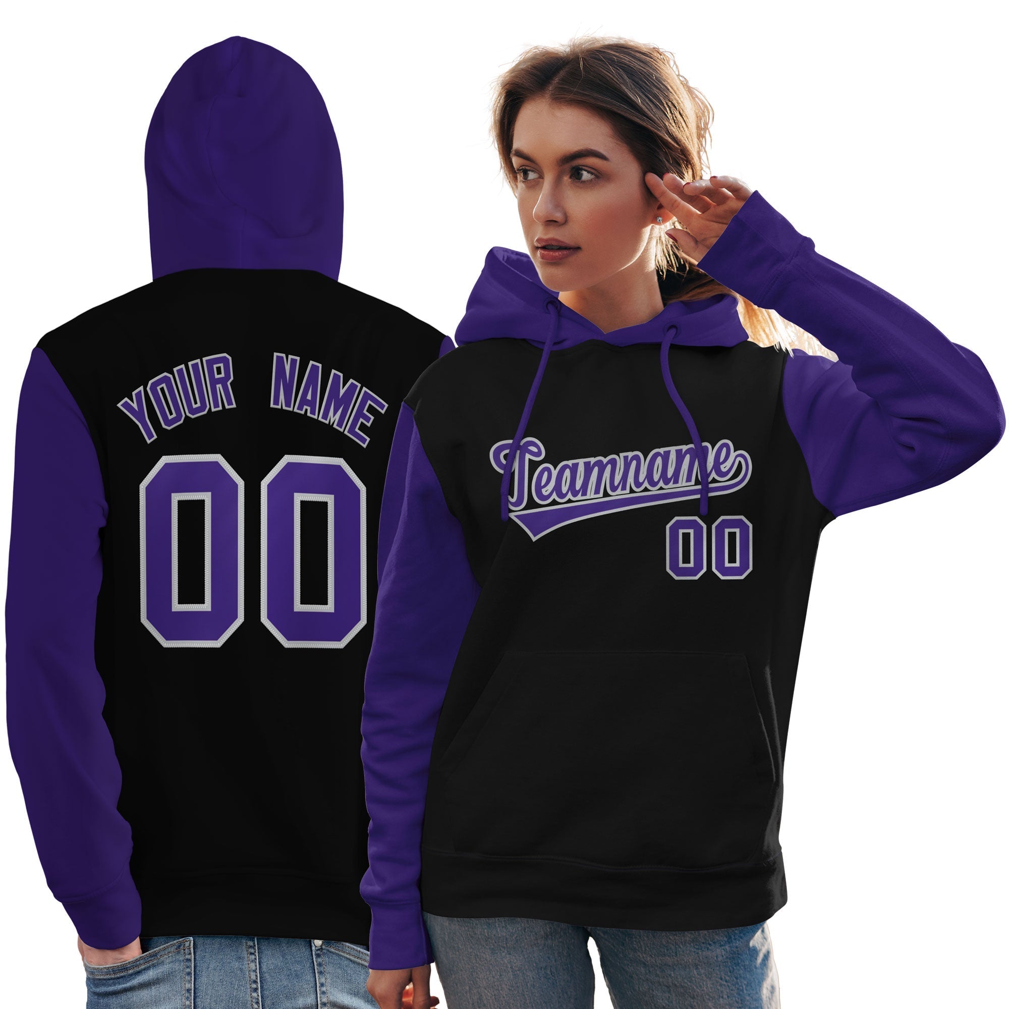 Custom Black Purple-Gray Raglan Sleeves Pullover Personalized Team Sweatshirt Hoodie| KXKSHOP
