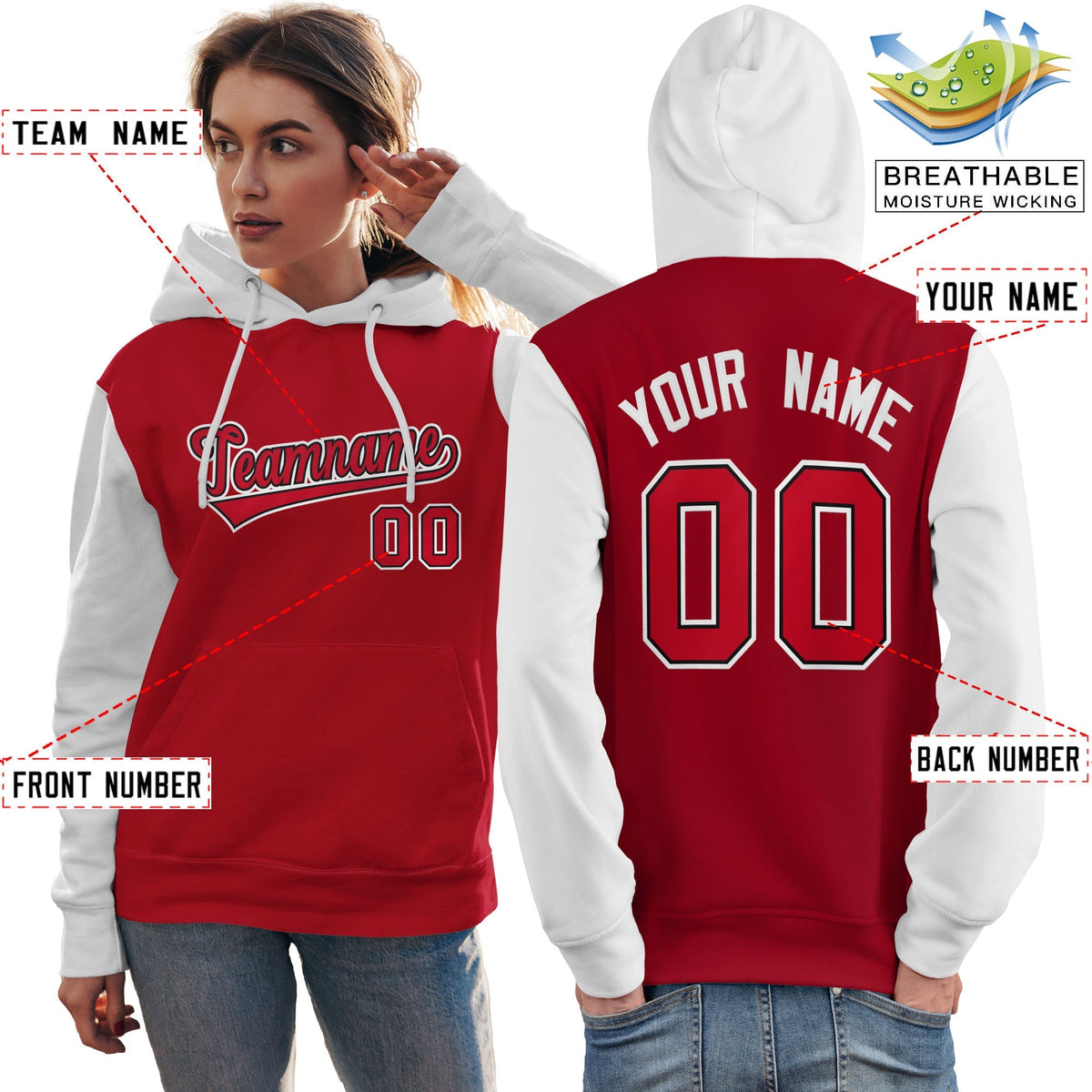 Custom Red Black-White Raglan Sleeves Pullover Personalized Team Sweatshirt Hoodie| KXKSHOP