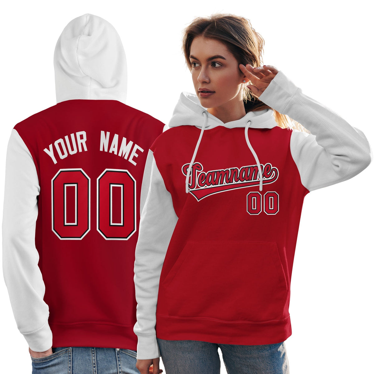 Custom Red Black-White Raglan Sleeves Pullover Personalized Team Sweatshirt Hoodie| KXKSHOP