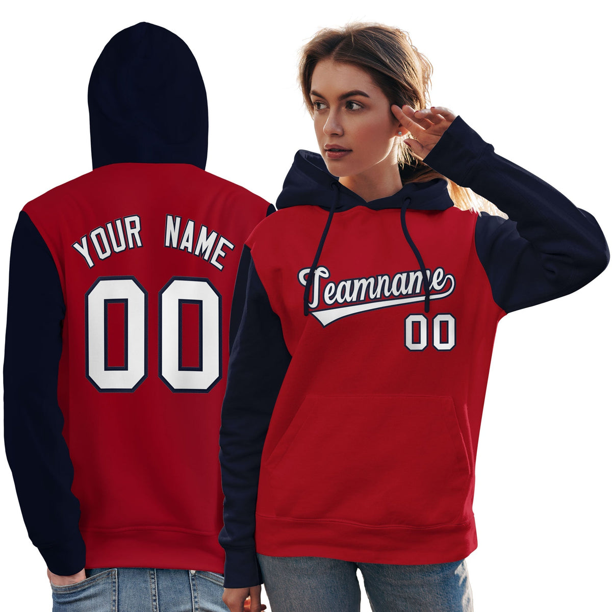 Custom Red White-Navy Raglan Sleeves Pullover Personalized Team Sweatshirt Hoodie| KXKSHOP