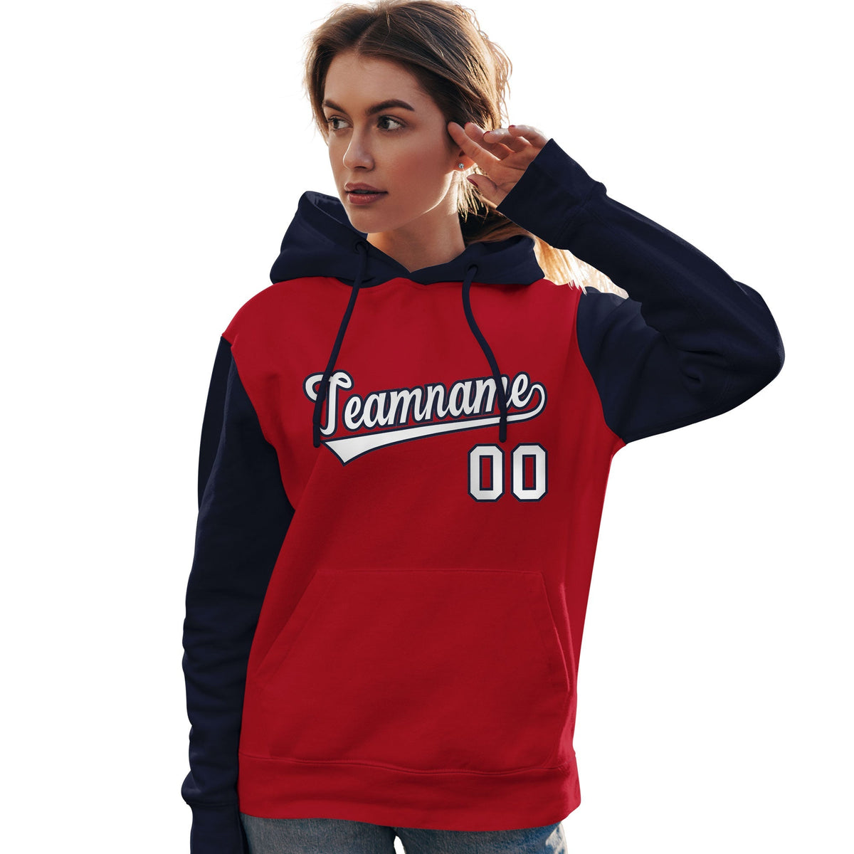 Custom Red White-Navy Raglan Sleeves Pullover Personalized Team Sweatshirt Hoodie| KXKSHOP