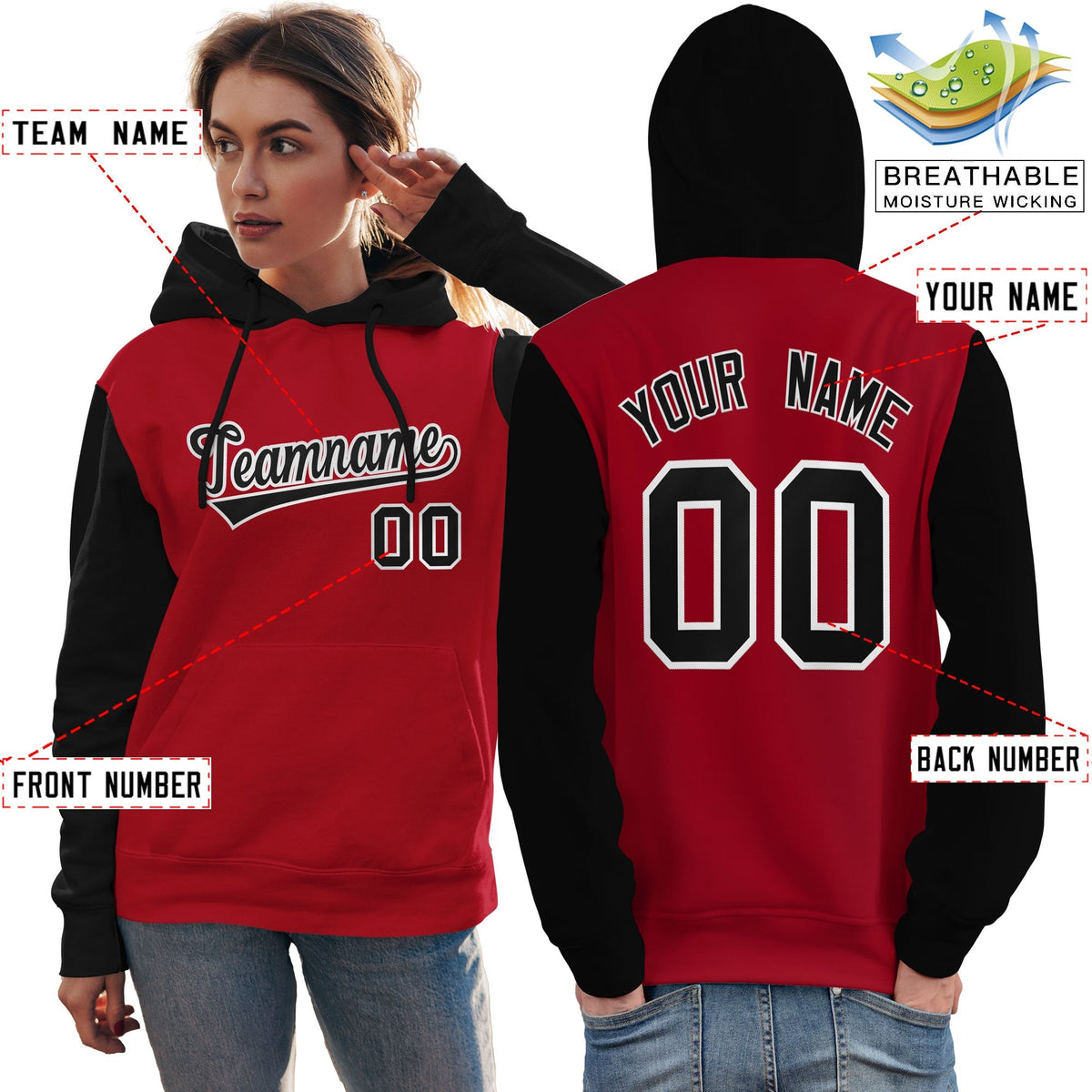 Custom Red Black-White Raglan Sleeves Pullover Personalized Team Sweatshirt Hoodie| KXKSHOP