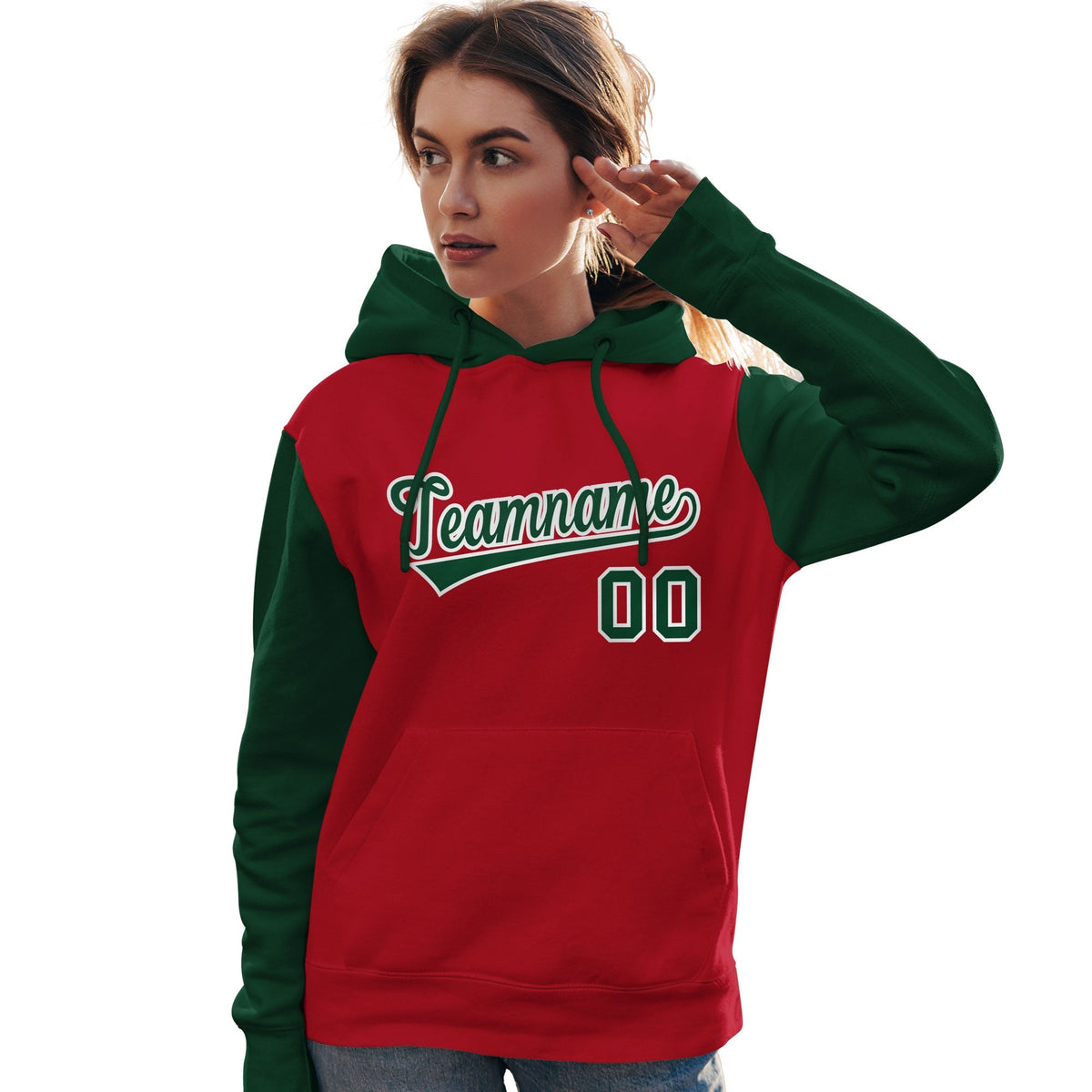 Custom Red Green-White Raglan Sleeves Pullover Personalized Team Sweatshirt Hoodie| KXKSHOP