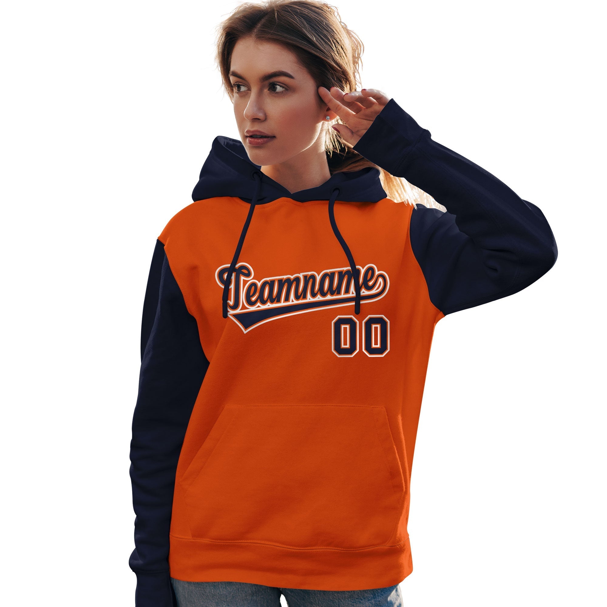 Custom Orange Navy-White Raglan Sleeves Pullover Personalized Team Sweatshirt Hoodie| KXKSHOP