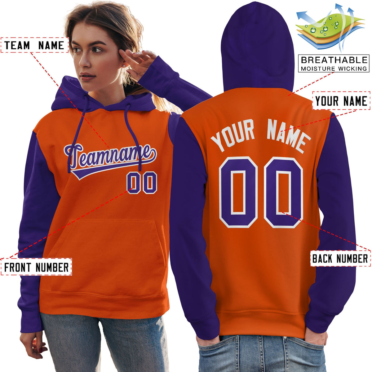 Custom Orange Purple-White Raglan Sleeves Pullover Personalized Team Sweatshirt Hoodie| KXKSHOP