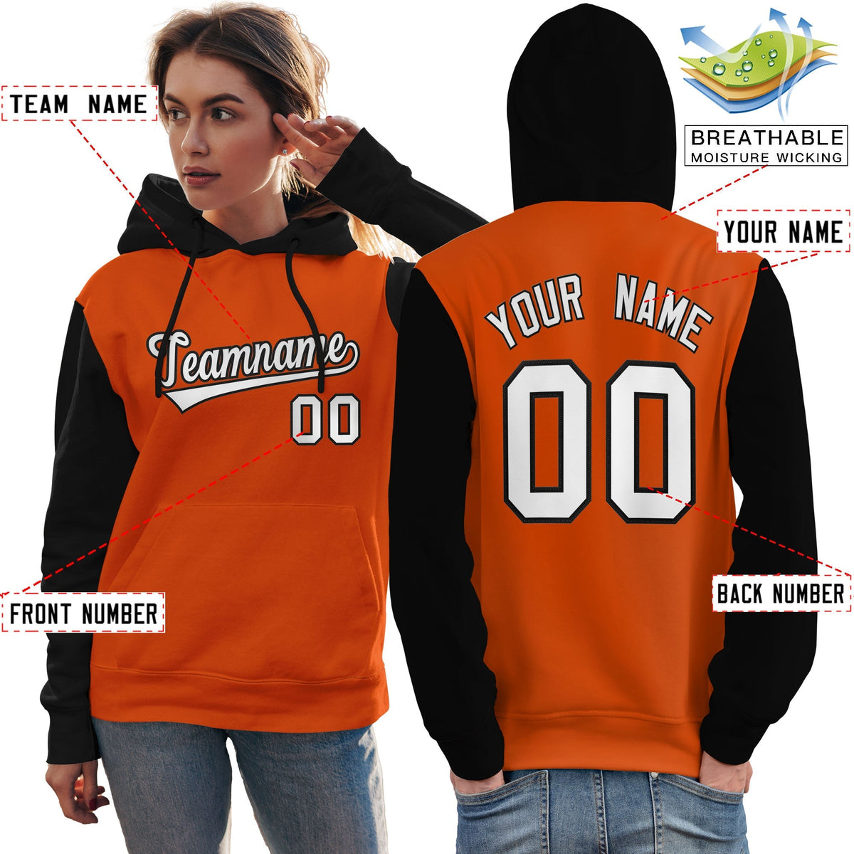 Custom Orange White-Black Raglan Sleeves Pullover Personalized Team Sweatshirt Hoodie| KXKSHOP