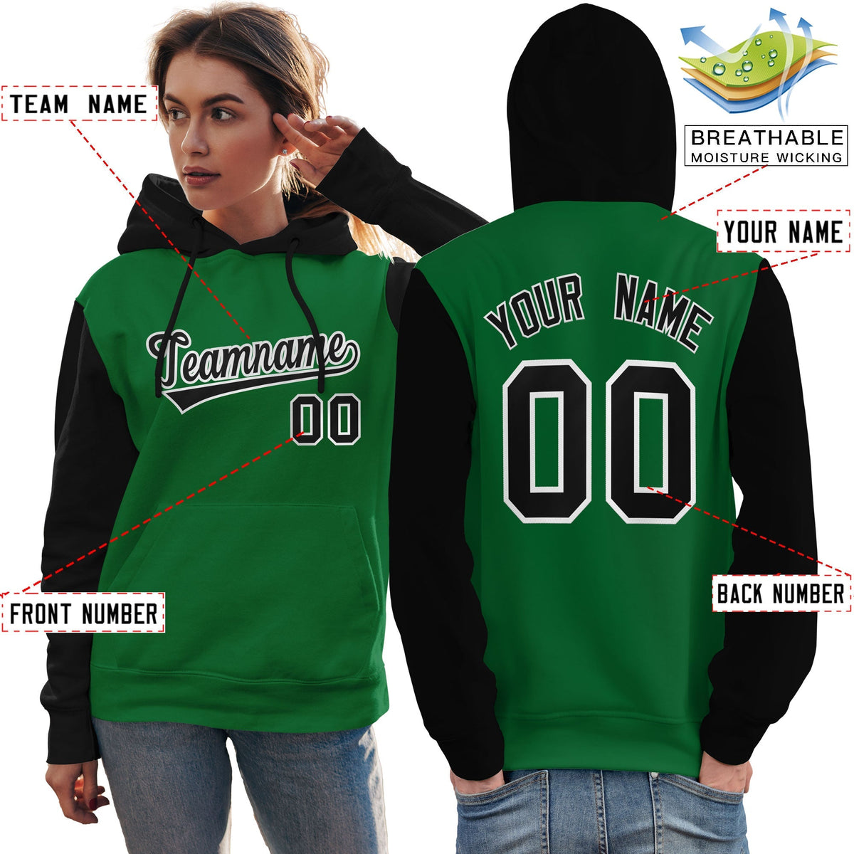 Custom Kelly Green Black-White Raglan Sleeves Pullover Personalized Team Sweatshirt Hoodie| KXKSHOP