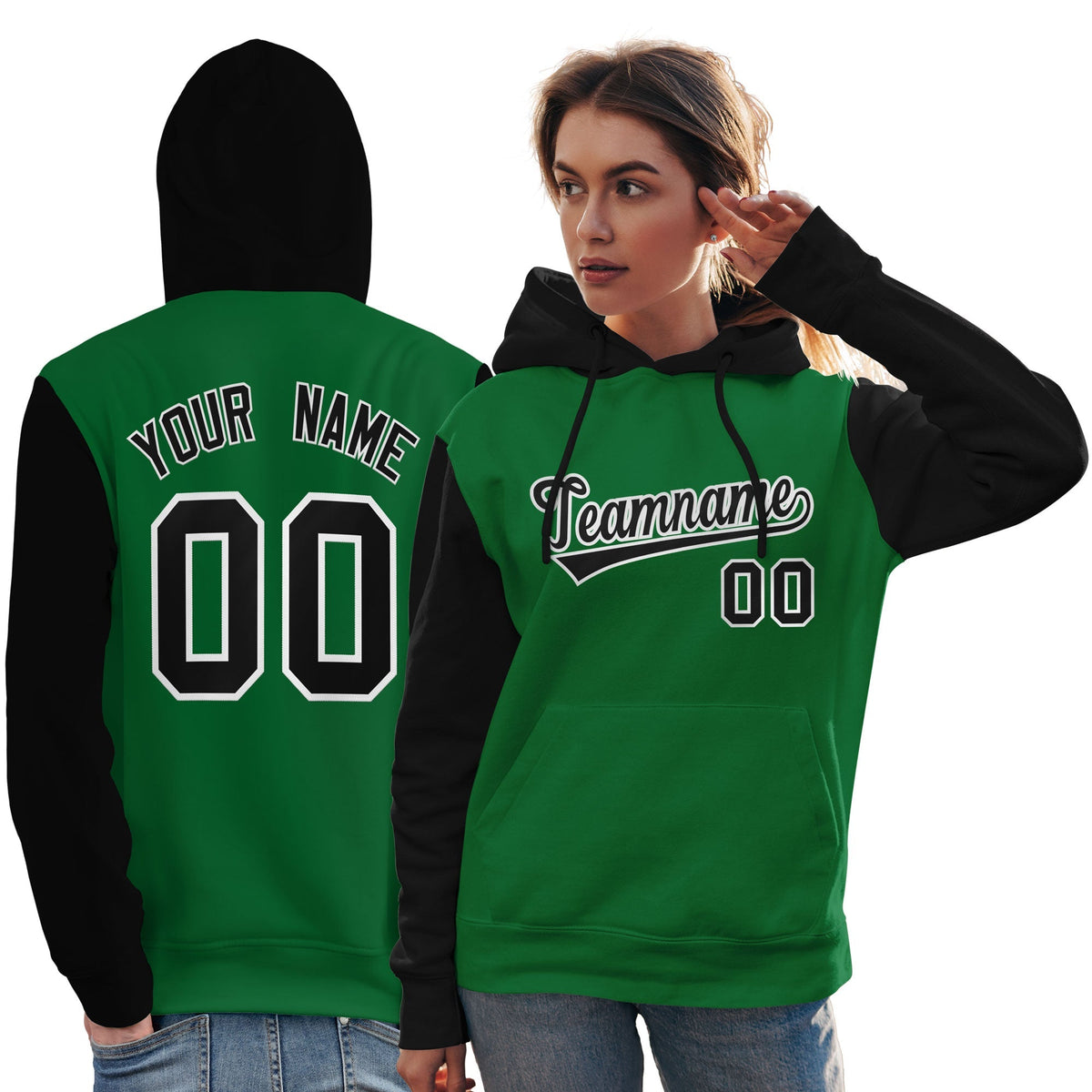 Custom Kelly Green Black-White Raglan Sleeves Pullover Personalized Team Sweatshirt Hoodie| KXKSHOP