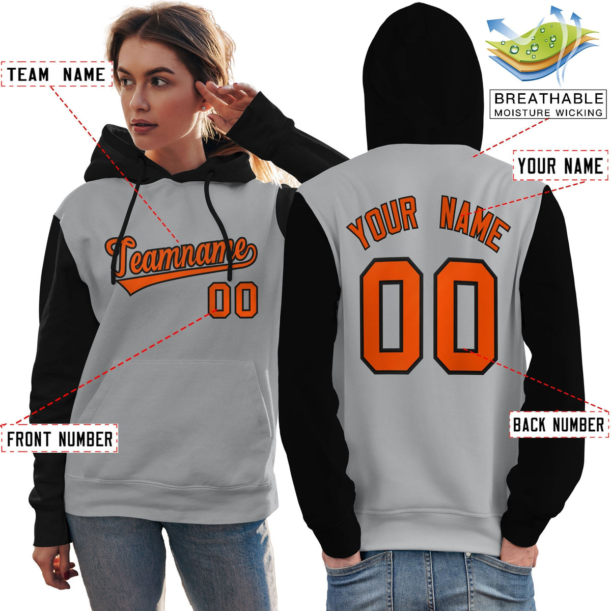Custom Gray Orange-Black Raglan Sleeves Pullover Personalized Team Sweatshirt Hoodie| KXKSHOP