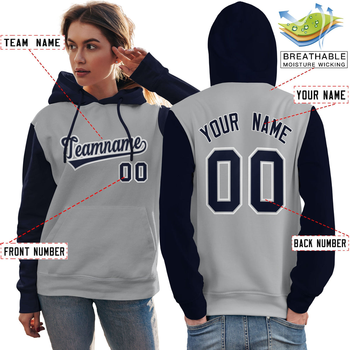 Custom Gray Navy-White Raglan Sleeves Pullover Personalized Team Sweatshirt Hoodie| KXKSHOP