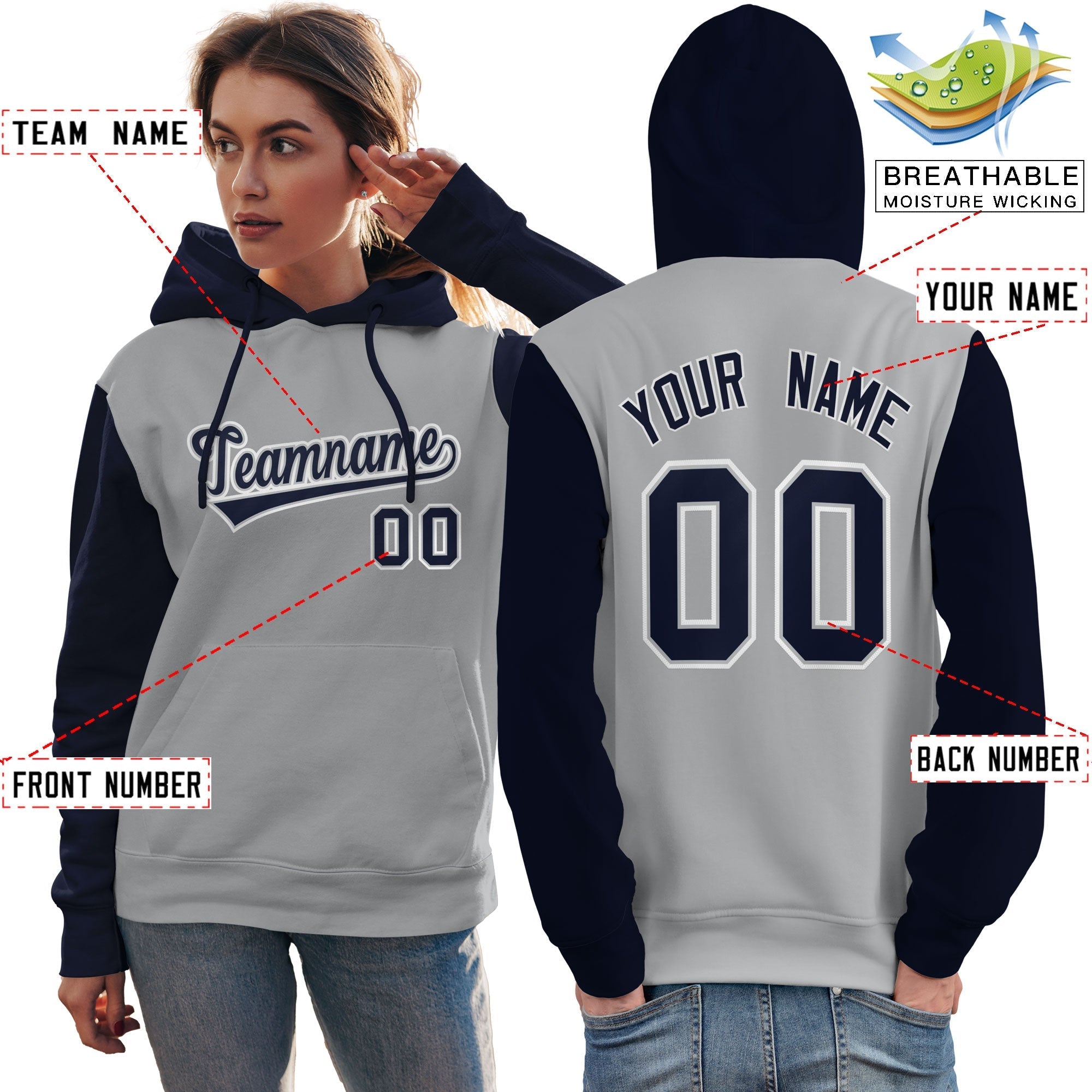 Custom Gray Navy-White Raglan Sleeves Pullover Personalized Team Sweatshirt Hoodie| KXKSHOP