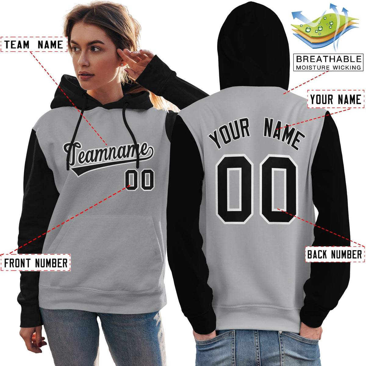 Custom Gray Black-White Raglan Sleeves Pullover Personalized Team Sweatshirt Hoodie| KXKSHOP