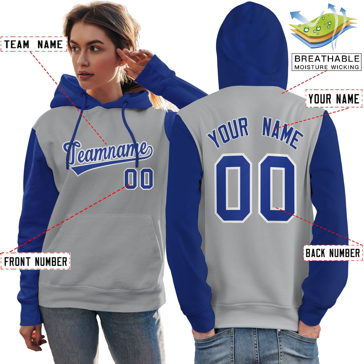 Custom Gray Royal-White Raglan Sleeves Pullover Personalized Team Sweatshirt Hoodie| KXKSHOP