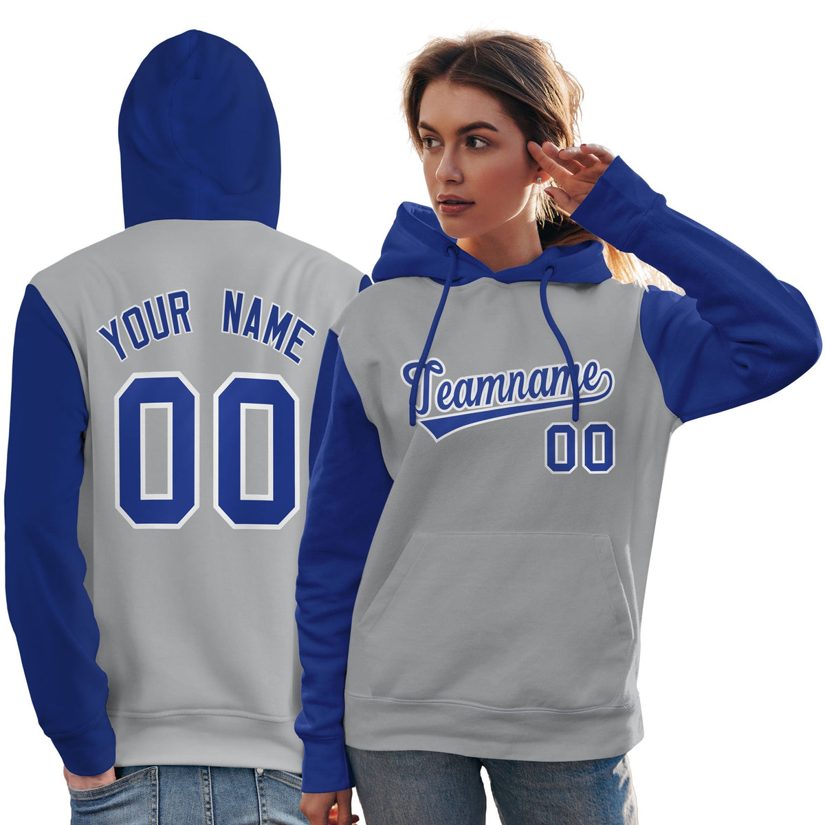 Custom Gray Royal-White Raglan Sleeves Pullover Personalized Team Sweatshirt Hoodie| KXKSHOP