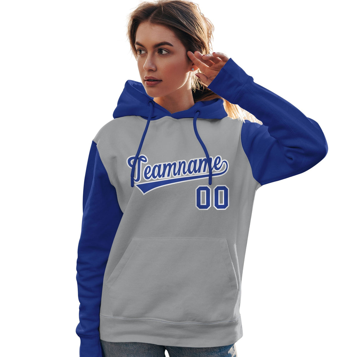 Custom Gray Royal-White Raglan Sleeves Pullover Personalized Team Sweatshirt Hoodie| KXKSHOP