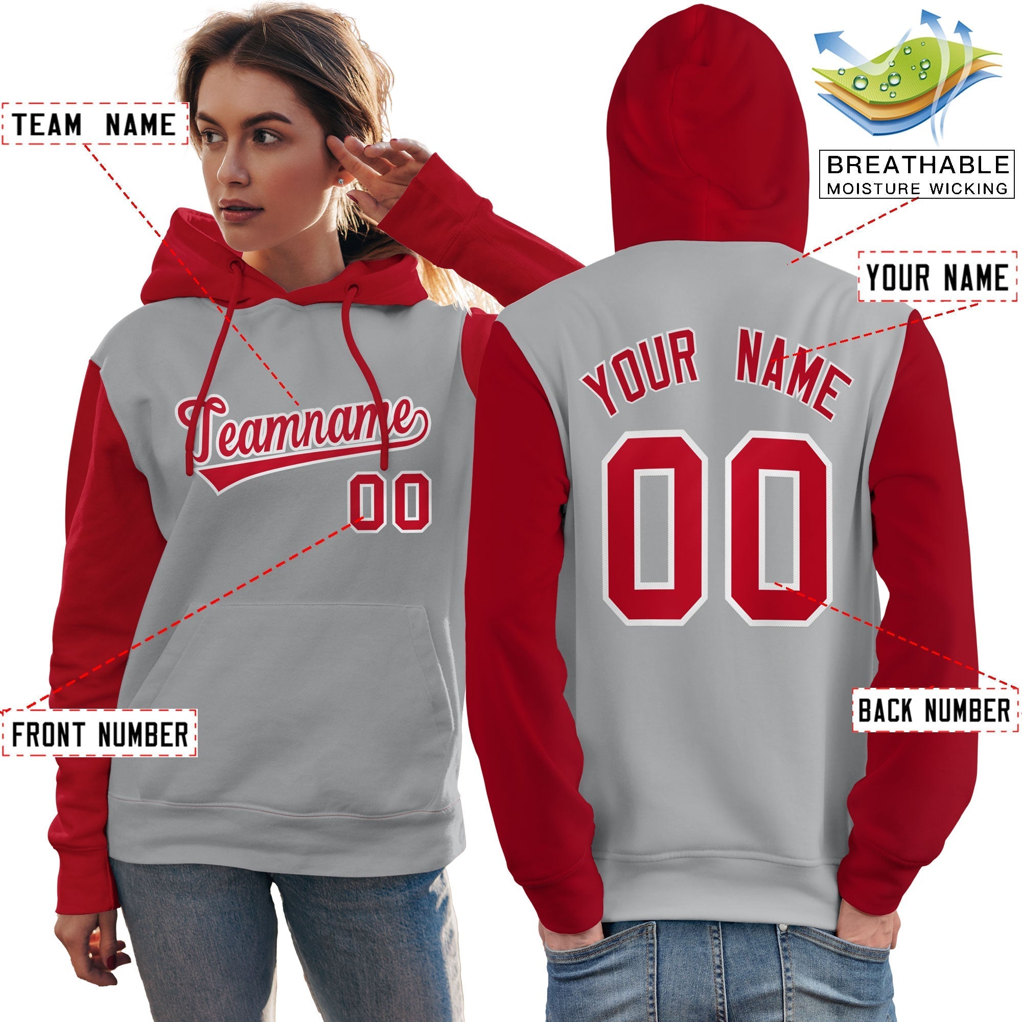 Custom Gray Red-White Raglan Sleeves Pullover Personalized Team Sweatshirt Hoodie| KXKSHOP