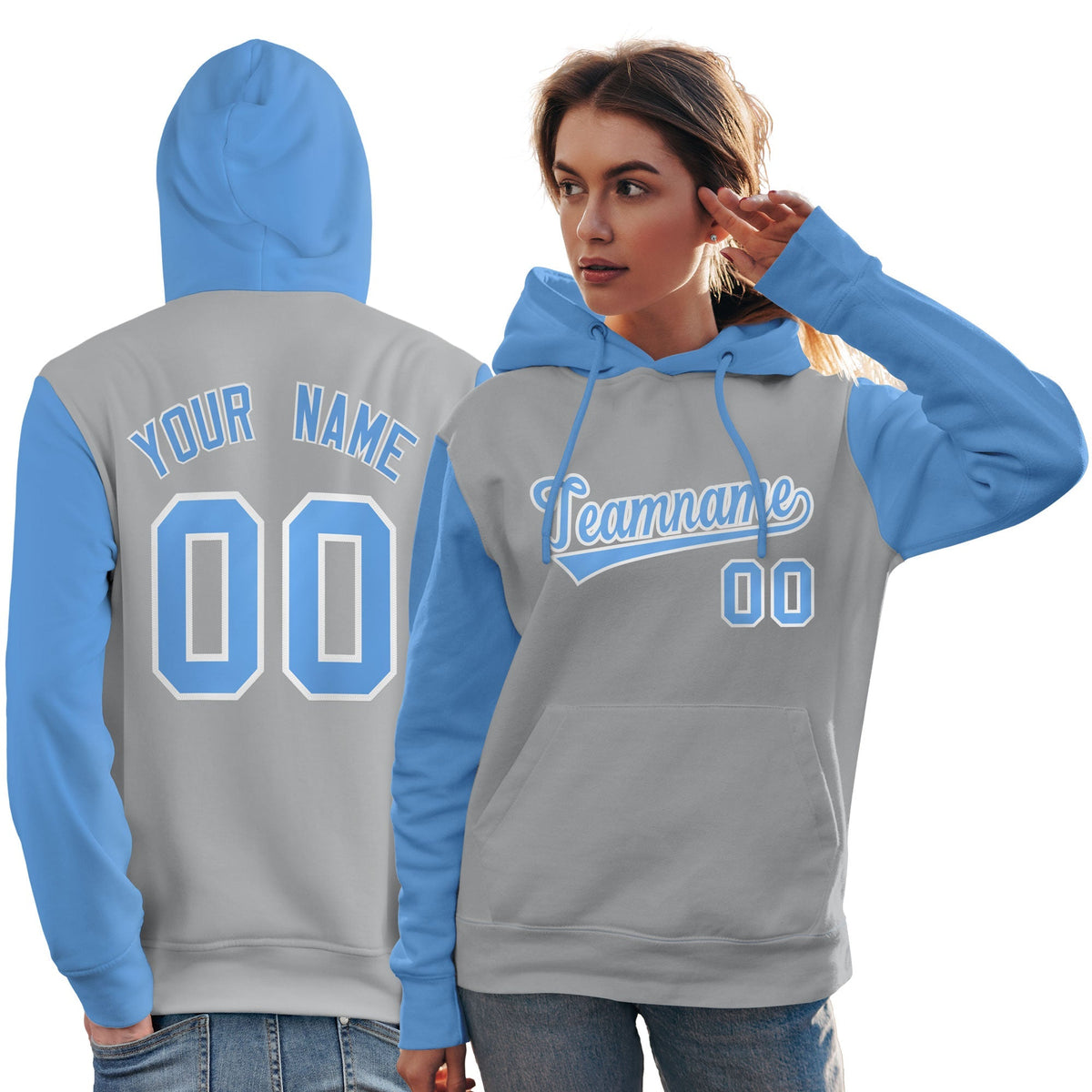 Custom Gray Light Blue-White Raglan Sleeves Pullover Personalized Team Sweatshirt Hoodie| KXKSHOP