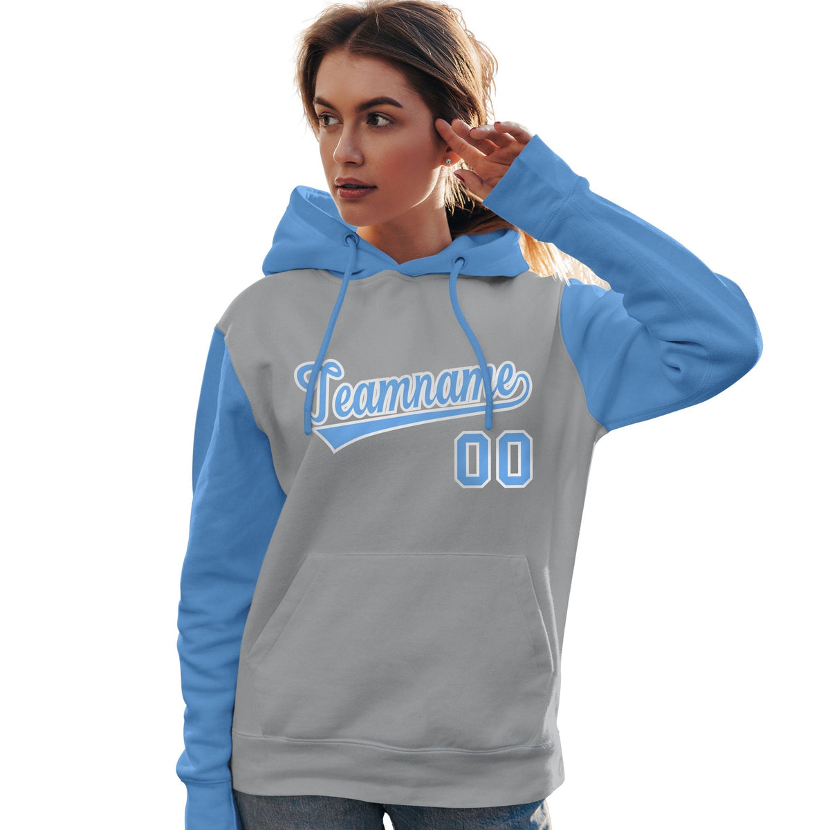 Custom Gray Light Blue-White Raglan Sleeves Pullover Personalized Team Sweatshirt Hoodie| KXKSHOP