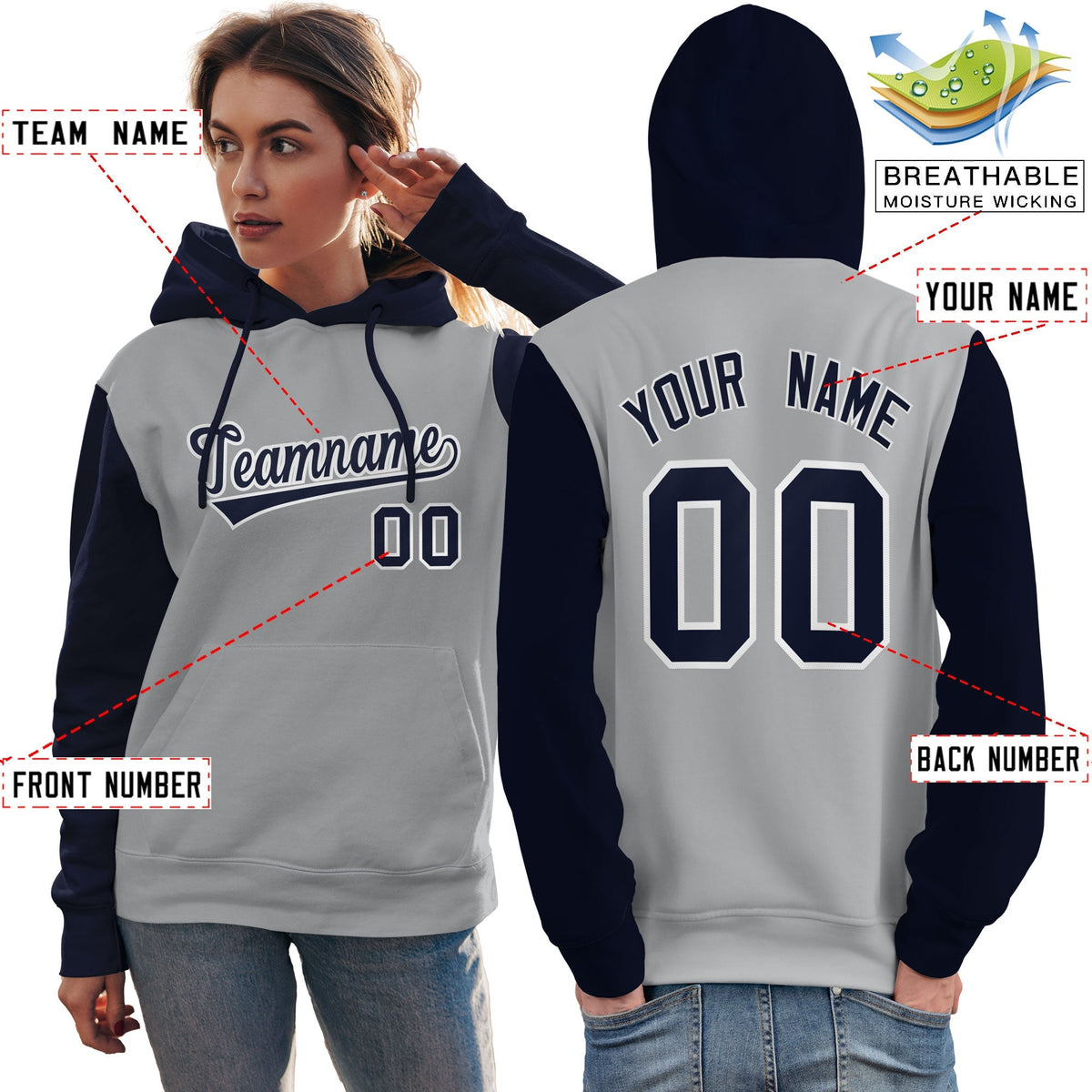 Custom Gray Navy-White Raglan Sleeves Pullover Personalized Team Sweatshirt Hoodie| KXKSHOP