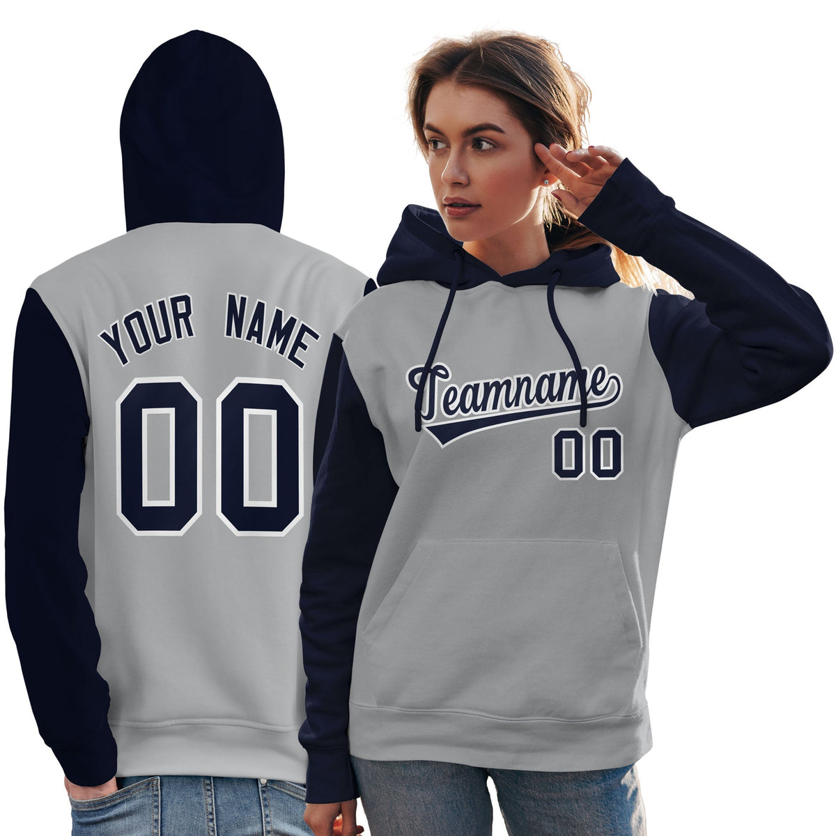 Custom Gray Navy-White Raglan Sleeves Pullover Personalized Team Sweatshirt Hoodie| KXKSHOP