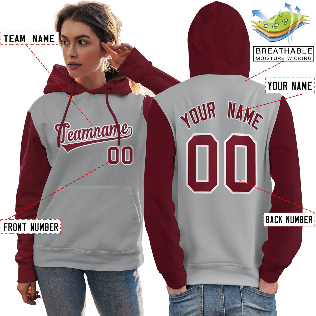 Custom Gray Crimson-White Raglan Sleeves Pullover Personalized Team Sweatshirt Hoodie| KXKSHOP
