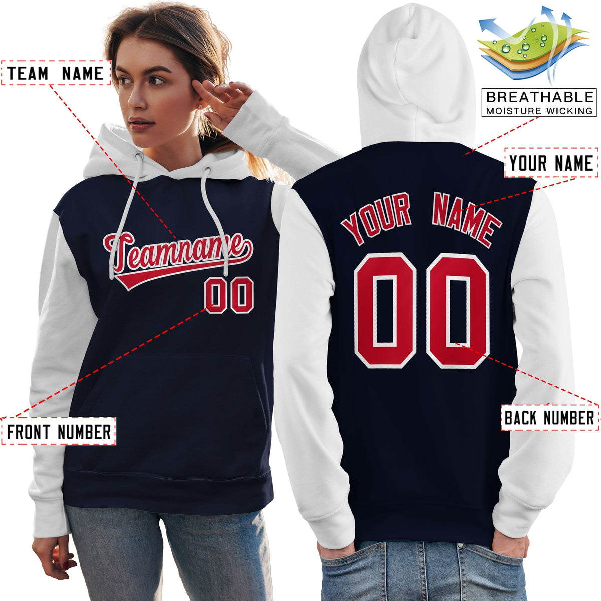 Custom Navy Red-White Raglan Sleeves Pullover Personalized Team Sweatshirt Hoodie| KXKSHOP